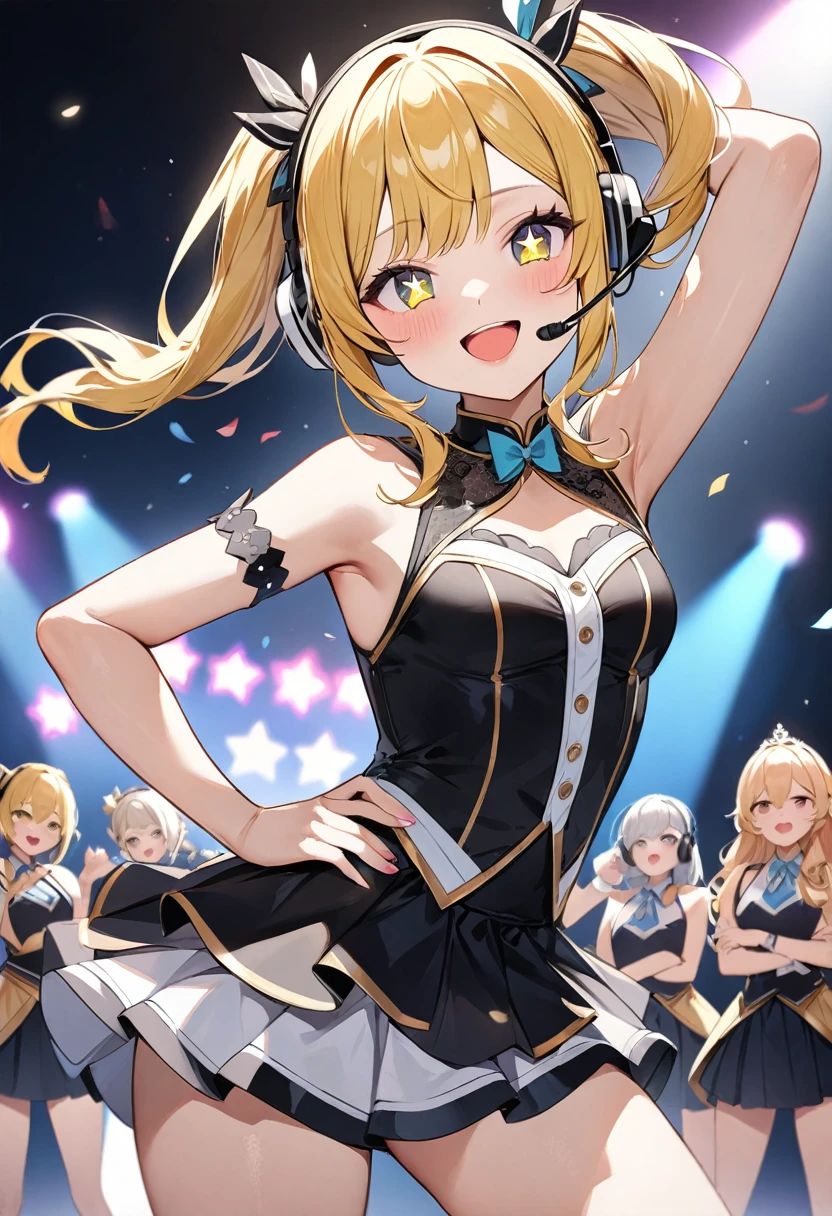 (masterpiece, top quality, very aesthetic, 4k、illustration), intricate detail, 1woman,contrapposto 、,(cowboy shot)、Headset Microphone,(star-shaped pupils),Cute 、Open mouth happy smile、Random Hairstyle、Random Hair Color、,middle hair,sidelock ,Random Color　eyes、idol clothes、small breasts、Slim 、