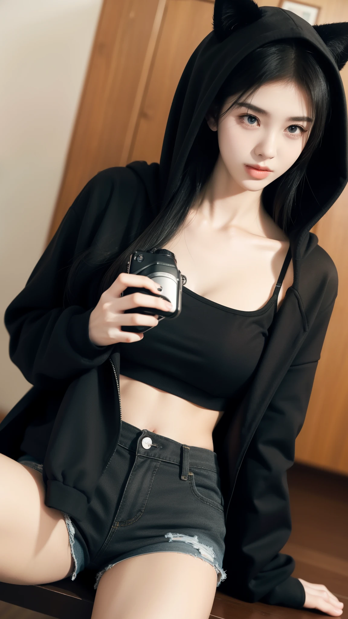 1 Girl，camera looking down upon，Huge ，Black Hoodie，不穿shorts，No pants，shorts，thigh，Black Hair，Cat ears,