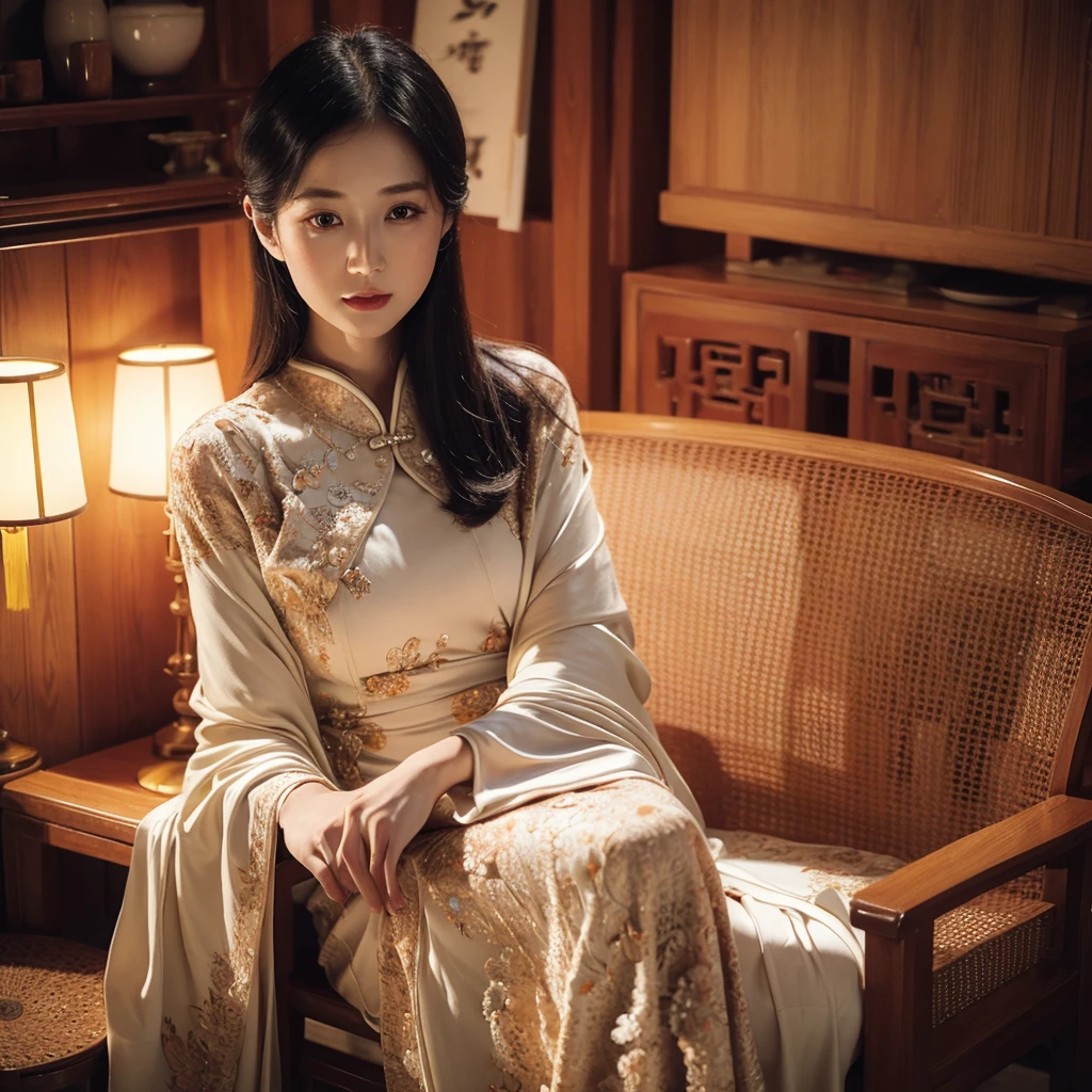 1girl, beautiful detailed eyes, beautiful detailed lips, extremely detailed face and portrait, delicate porcelain skin, long black hair, elegant chinese dress, vintage camera, natural lighting, cinematic composition, warm color tones, intricate details, high quality, digital art, photorealistic, masterpiece