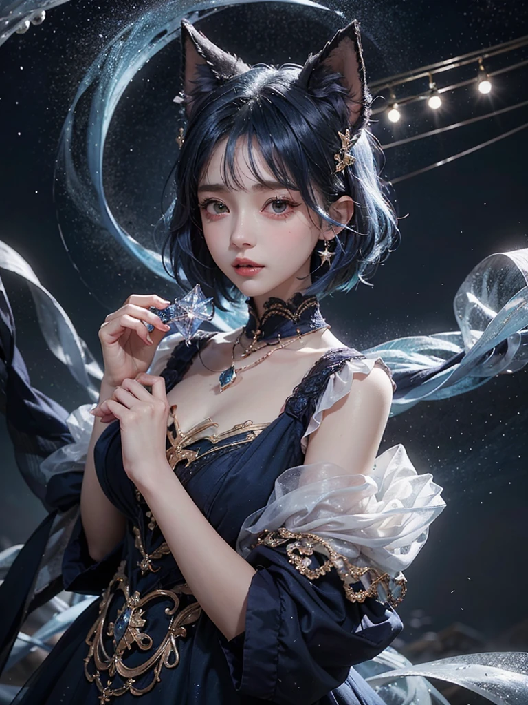 Ultra HD、A beautiful blue-haired character、Animal Ears、Upper Body、Big eyes、Big eyes、Round eyes、fortune teller、Short Hair、Holding a blue crystal in both hands、Red burning cheeks、Night scene with starry sky background、Wearing a gorgeous dress、Subtle details、A fantastic atmosphere、Anime style