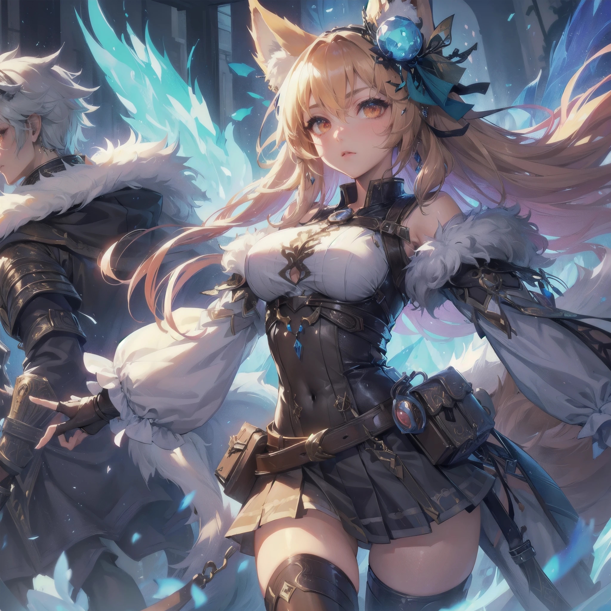 masterpiece, (textured skin), best quality, gorgeous beautiful, (a beautiful girl,wolf ears,wolf tail),detailed clothes,large breasts,narrow waist,, (beautiful face), cinematic lighting, (fantasy anime art ),