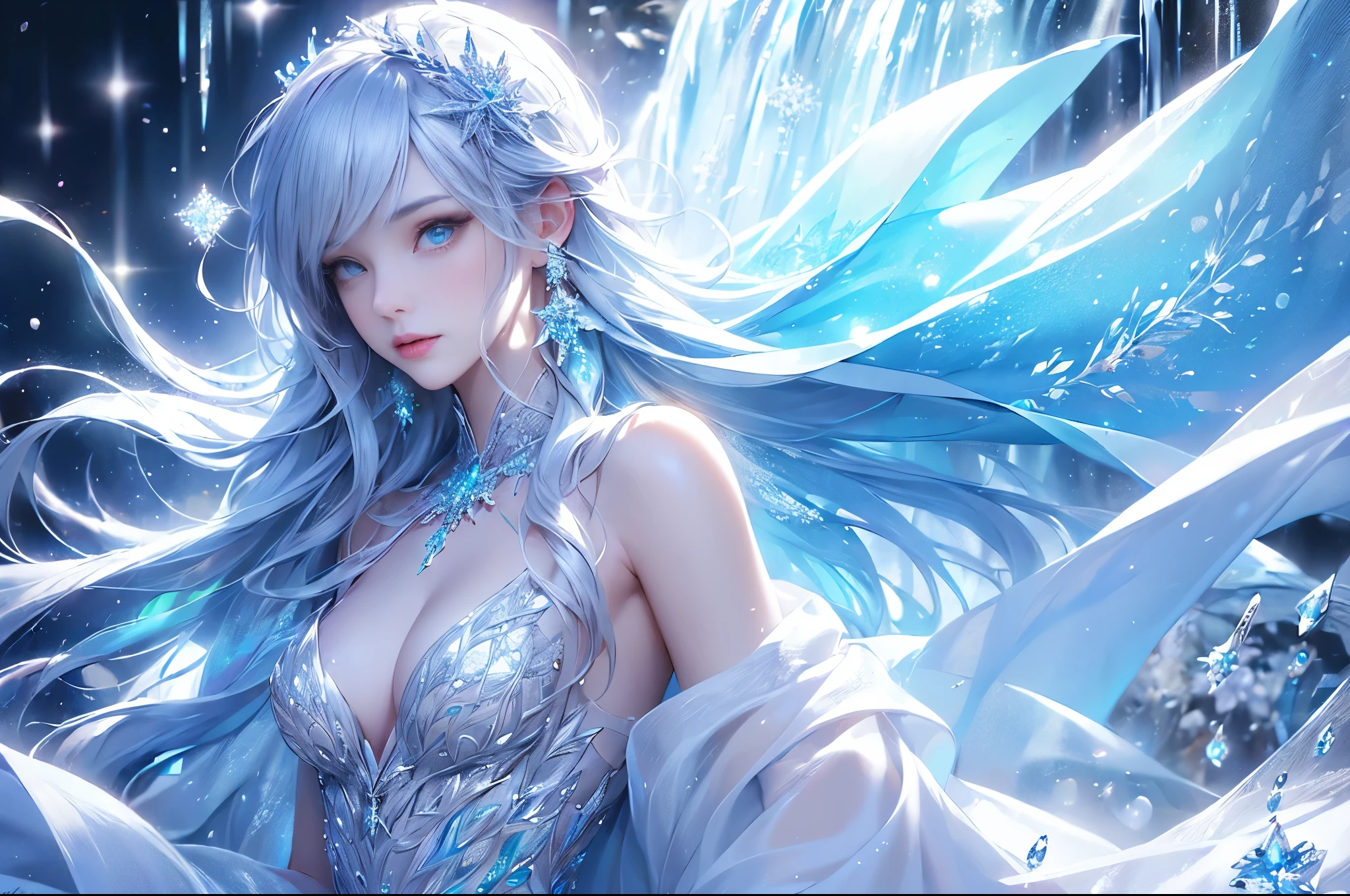 (long shot photo:1.5)wood, Exquisite mini ice spikes and crystals, Frozen waterfall in the background, Light reflected by ice crystals, Flowing snowflakes.1 girl, Beautiful woman、pretty girl,A realistic person,Beautiful ,small breasts