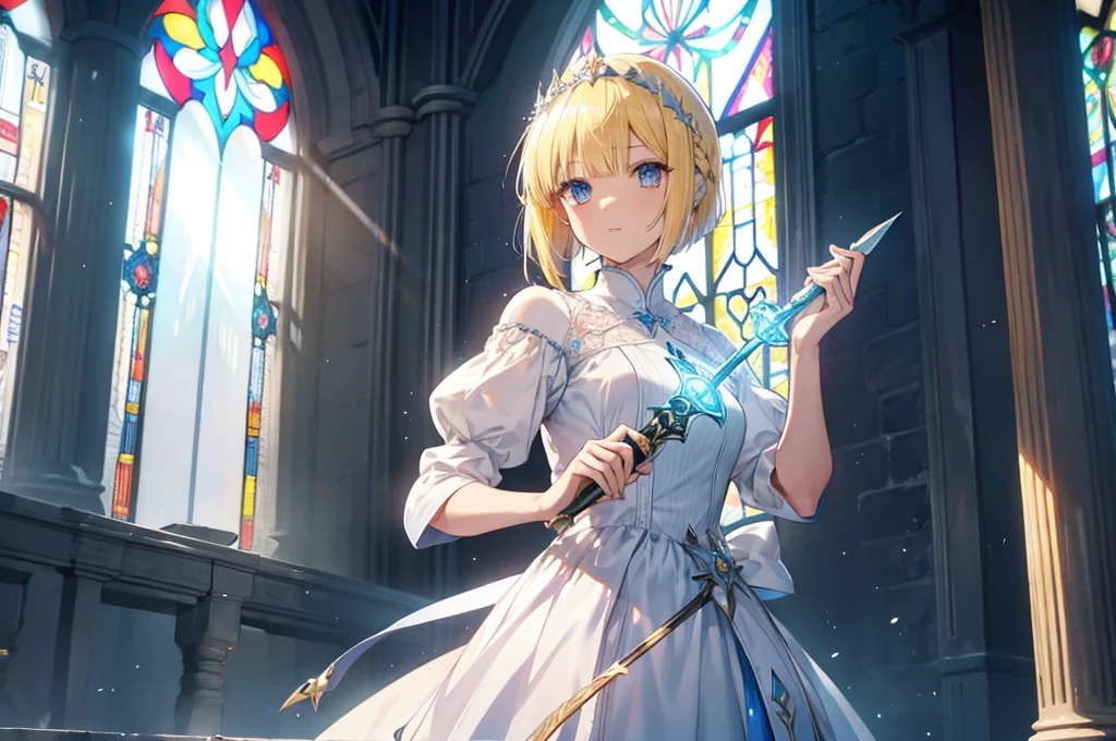 ((((Arthur　Pull the sword from the stone、Sword of Light、Excalibur))))　(((Yellow Hair、Short Bob　blue eyes　White Dress　Goddess of victory)))　((Bathed in light))　(Stained glass、Shine　Illuminated from above)　Shineエッジ　Shine背景
