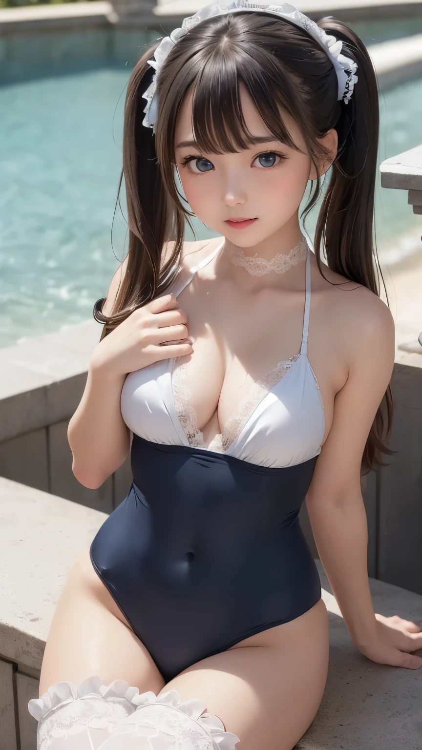 ((masterpiece)), ((highest quality、Ultra high definition)), (Very detailed),8K、Photo quality、((Amazingly cute girl)),-yeld gi), Two people, , (Beautiful emerald blue eyes), ((smile)),In the open-air bath overlooking the sea, Beautifully arranged black hair in twin tails、スリムボディー、((Cute lolita maid style swimsuit))、Professional Lighting、(White lace knee-highore detailed and beautiful)、(More details and cutenesore realistic)、((Just wear light clothing))、プールではしゃぐ、