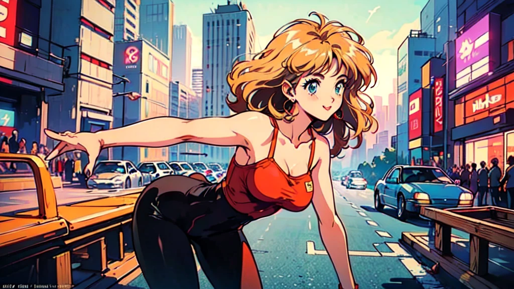 (80's, Retro, City Pop Poster:1.5), (Album cover), (masterpiece, Highest quality), (anime, figure), 
Best Photo Poses, Dynamic Angle, Cowboy Shot, blonde Russian girl, 19 years old, Large Breasts, Wide Hips, Perky ass, Round ass,
girl, alone, smile, A perfect eye for detail, Delicate face, blue eyes,
High Fashion, 