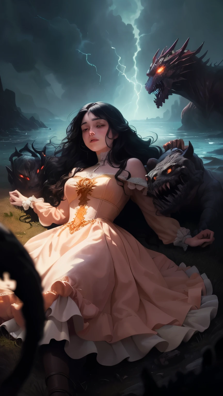 ((best quality)), ((masterpiece)), (detailed), A digital illustration of a woman lying dead and motionless on the ground surrounded by monsters with a dark and stormy background. She is wearing a peach-colored princess dress and has long black hair.