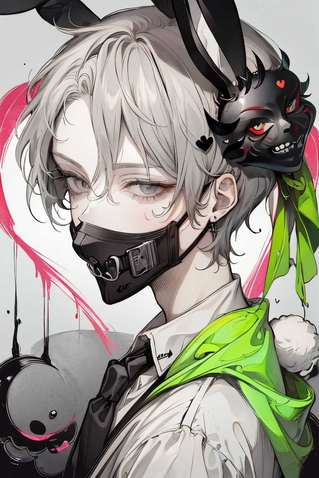 Beautiful young man, peridot-haired, ((Gray eyes)),(short wave hair:1.2), (black mask:1.2),((bunny cosplay:1.2)),clear wear,High quality, amount of drawing, pixiv illustration,(heart:1.2),close-up Face,red-cheek,(NSFW:1.0).