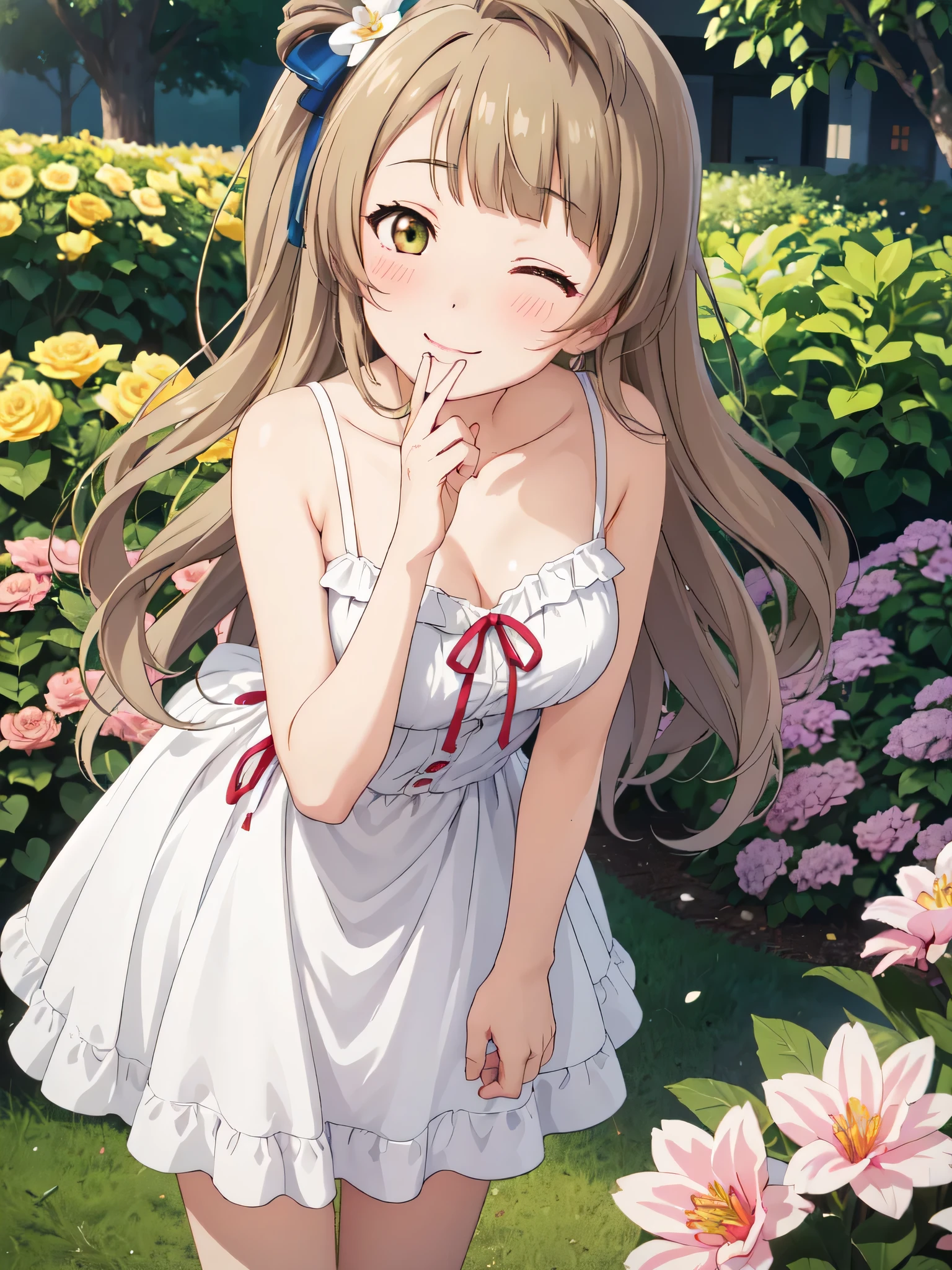 High resolution, Highest quality, super high quality,3D Images,garden、flower bed、One Girl, (Anime illustration style:1.5), Minami Kotori 、smile、Mouth closed,clavicle,White Dress,Absolute reference to the center、Cowboy Shot、Highly detailed face, Perfect lighting, Extremely detailed CG、Are standing、Leaning forward