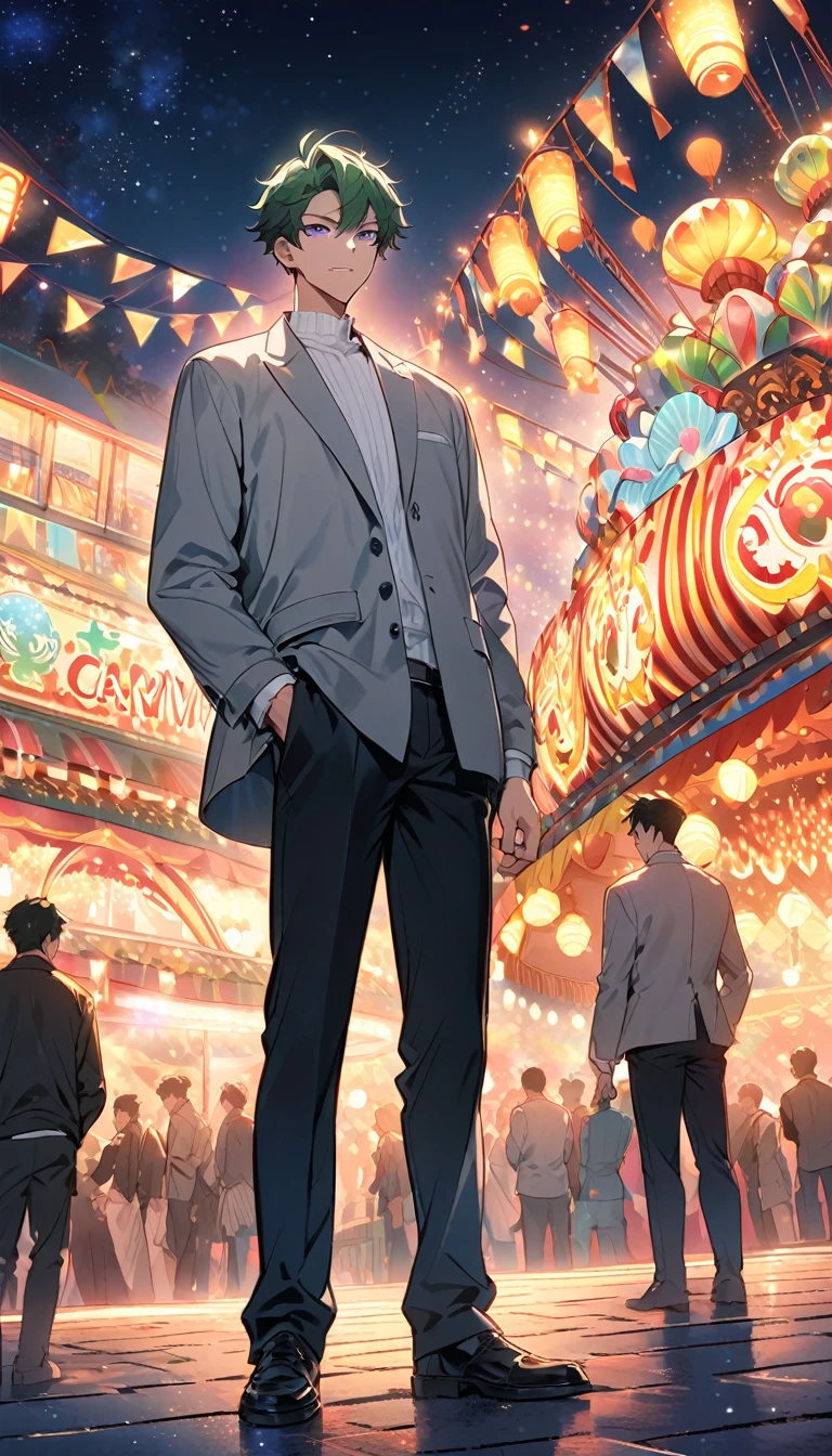A highly detailed anime-style illustration of a young man with green hair and purple eyes. He is standing confidently in front of a brightly lit carnival at night. The full moon is visible in the background, casting a soft glow. He is wearing a light gray jacket over a white shirt, paired with black pants. His right hand is holding a lollipop near his mouth, while his left hand is in his pocket. He has a relaxed, slightly mischievous expression on his face, with a confident posture. The angle of the illustration is from a slightly lower perspective, making him appear tall and imposing. The background features a vibrant, colorful carnival scene with lights, rides, and a starry night sky, adding a lively and festive atmosphere.