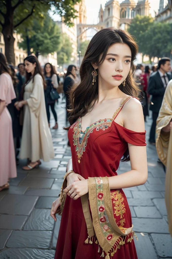 (((best quality))),(((ultra detailed))),(((masterpiece))),illustration,((1 beautiful girl,female Gypsy dancer,solo)),(shoulder length wavy bob hair:1.2),(laughing:1.3),((slim,thin)),((small breasts,flat chest)),(detailed eyes:1.3),(Bohemian style embroidered red dress:1.5),(short sleeves:1.2),((earrings)),mystery,charm,(standing:1.3),(arms behind back:1.3),(slender legs:1.2),(On the square outside Notre Dame Cathedral in Paris:1.5),(ancient Paris:1.2),traditional attire,vendors,fruits,handcrafted objects,pastries,bakeries,spire,Gothic architecture,sunlight,ethereal glow,busy cityscape,out of place,free spirit,creativity,lost in thoughts,dreams,possibilities,bygone era,snapshot,essence,magic of summer,(day scene:1.3),(outdoor:1.3),(surrounded by crowded crowds:1.3),((from front,upper body))