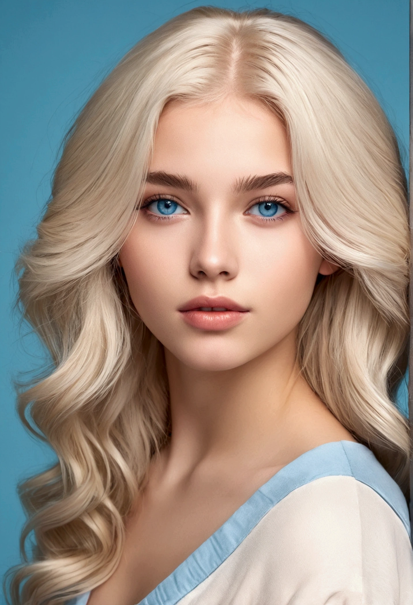 a beautiful woman, 18 years old, skin fair, Fine body, straight platinum blonde hair, long hair, stylish haircut, Wavy hair, attractive face, attractive young face, blue colored eyes, face detailed, fleshy lips, full body photo, neutral color background image, edited no photoshop, 8k