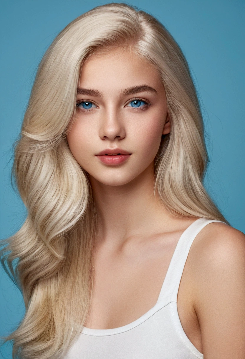 a beautiful woman, 18 years old, skin fair, Fine body, straight platinum blonde hair, long hair, stylish haircut, Wavy hair, attractive face, attractive young face, blue colored eyes, face detailed, fleshy lips, full body photo, neutral color background image, edited no photoshop, 8k