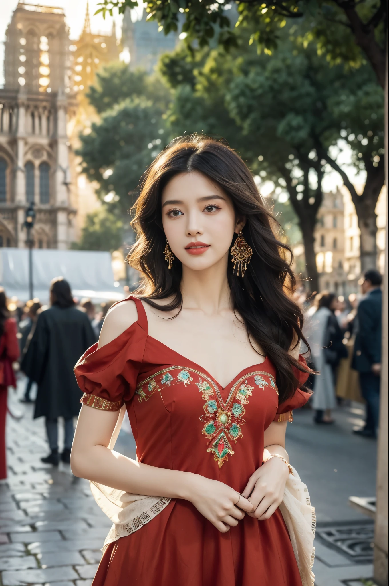 (((best quality))),(((ultra detailed))),(((masterpiece))),illustration,((1 beautiful girl,female Gypsy dancer,solo)),(shoulder length wavy bob hair:1.2),(laughing:1.3),((slim,thin)),((small breasts,flat chest)),(detailed eyes:1.3),(Bohemian style embroidered red dress:1.5),(short sleeves:1.2),((earrings)),mystery,charm,(standing:1.3),(arms behind back:1.2),(slender legs:1.2),(On the square outside Notre Dame Cathedral in Paris:1.5),(ancient Paris:1.2),traditional attire,vendors,fruits,handcrafted objects,pastries,bakeries,spire,Gothic architecture,sunlight,ethereal glow,busy cityscape,out of place,free spirit,creativity,lost in thoughts,dreams,possibilities,bygone era,snapshot,essence,magic of summer,(day scene:1.3),(outdoor:1.3),(surrounded by crowded crowds:1.3),((from front,upper body))