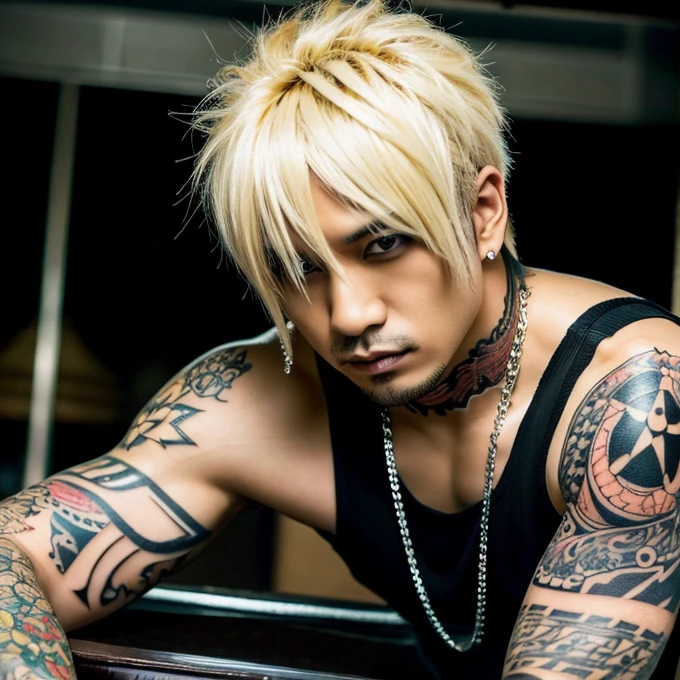 Japanese gothic rocker man, male, Asian eyes, muscular, broad shoulders, yakuza tattoos, hairstyle Visual Kei style, hair Visual Kei, black men's shirt and black pants, ultra detailed face, hyperrealistic, realistic representation, 30 years old, age 30 years,, blonde hair
