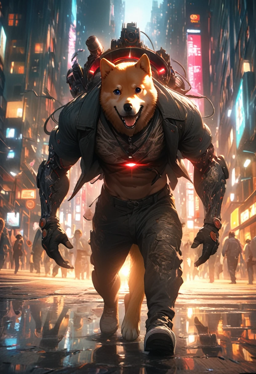 Realistic Dog、Shiba Inu、Realistic depiction、Perfect Face、Perfect Eyes、reflected light、Bright colors、Future City 360 Degree、Panorama、Laser diffusion、special tasks、The alarm goes off、Rimlight transparent special effect、Full body portrait、Dutch Angle、OC Renderer、Octane Renderer、Ultra detailed futuristic city background、Attention to detail、4K、masterpiece.