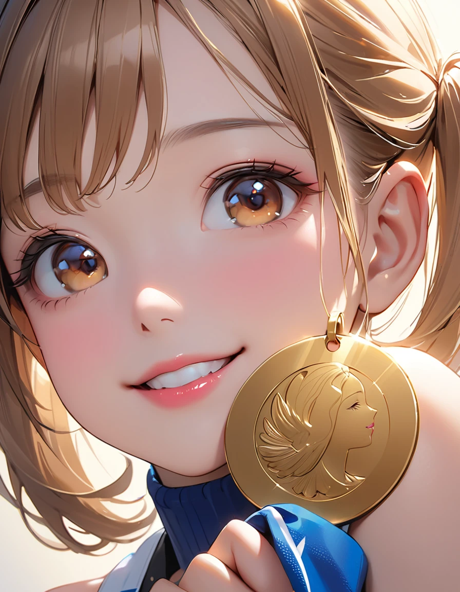 Highest quality, masterpiece, Ultra-high resolution, Realistic:1.2, RAW Photos, Intricate details, Portraiture, Big beautiful brown eyes:1.2, Perfect contours, Perfect proportions:1.2, One Girl, break ((Close-up of the mouth:1.2, from below:1.2, ((side shot:1.5)), (looking back:1.2), looking away:1.2)), ((petite, short, tiny girl:1.2)), Light Brown Hair、((twintails:1.2)), (makeup:1.2, full lips:1.3, pink lips:1.3, shiny lips:1.3), (Olympic Gold Medalist:1.2、Gold medal around his neck), ((Kissing the gold medal:1.3)), (Show off your gold medal), (Sleeveless Sportswear:1.2, Metallic Blue:1.2), break (Happy expression:1.2)、((big smile:1.2))、 (Background is the award ceremony、Large crowd)