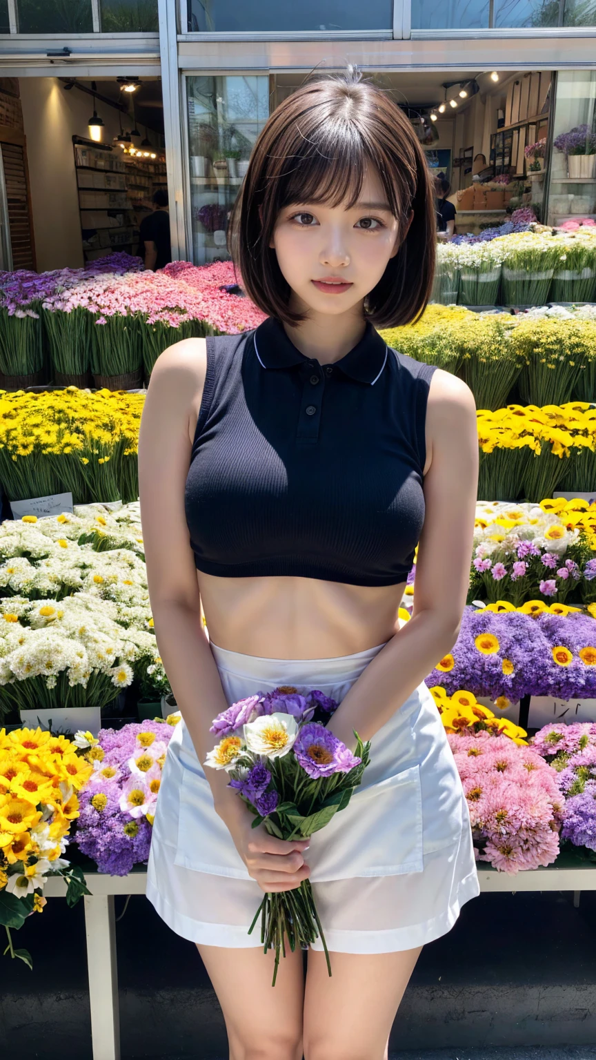 (masterpiece:1.3, top-quality, ultra high res, ultra detailed), (realistic, photorealistic:1.2), beautiful illustration, perfect lighting, natural lighting, colorful, depth of fields, ,
beautiful detailed hair, beautiful detailed face, beautiful detailed eyes, beautiful clavicle, beautiful body, beautiful chest, heavy chest, beautiful thigh, beautiful legs, beautiful fingers, shiny skin,
looking at viewer, 1 girl, japanese, 22 years old, (perfect anatomy, anatomically correct, super detailed skin), cute and symmetrical face, babyface, perfect face, perfect eyes, perfect fingers,
(short bob hair, straight hair, hair slicked back:1.6, blue hair), parted bangs, dark purple eyes, big eyes, drooping eyes, long eyelashes, faint lips, ((saggy breasts), Don't expose it, seductive thighs), outstanding style,
(detailed cloth texture, break, sleeveless collared polo shirt, tight skirt, black apron), break,
(beautiful scenery), ((behind flower shop:1.5)), standing, ((hold a big bouquet:1.2)), (parted lips),