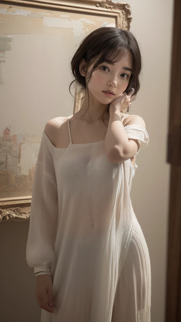 Best quality, masterpiece, ultra high res, (photorealistic:1.5), raw photo, 1girl, offshoulder, in the dark, deep shadow, low key, cold light, sexy look, short hair,black hair, black eyes, full body