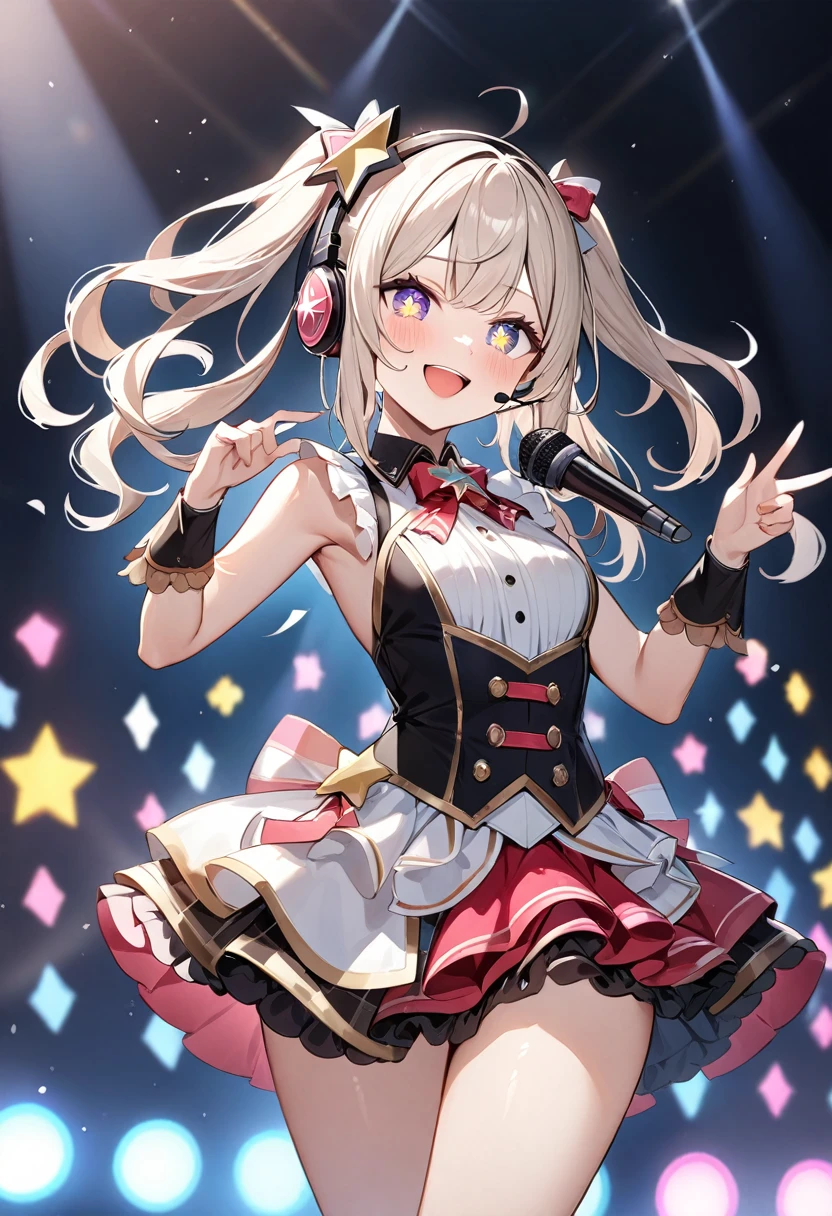 (masterpiece, top quality, very aesthetic, 4k、illustration), intricate detail, 1woman,contrapposto 、,(cowboy shot)、Headset Microphone,(star-shaped pupils),Cute 、Open mouth happy smile、Random Hairstyle、Random Hair Color、,middle hair,sidelock ,Random Color eyes、idol clothes、small breasts、Slim 、