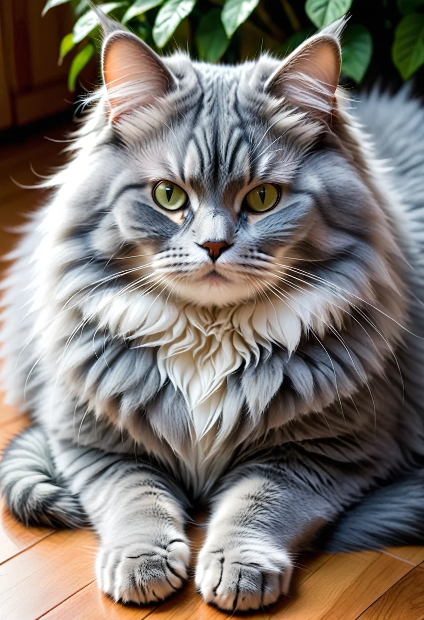 a cat lies on a pillow on the floor, blue siberian forest cat, Anthropomorphic large Maine, she is about 3 years old, He is very relaxed,  the cat is fluffy, Plump, with a small cat on your lap, Very cute