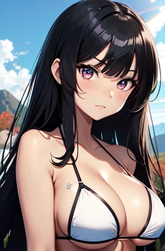 Illustration of a cute Bikini Model girl, (Anime Style:1.2), Tabletop, Highest quality, Very detailed, 4K, Absurd, High resolution,break,
One Girl, Bikini Model, alone, (17 years old,  face:1.6), Huge eyes with intricate details, Glowing black eyes, Black and long straight hair, Blunt bangs, Large Breasts, curve, break,
(Shiny white micro bikini top, Cleavage),  break,
Autumn Mountains々, Pyramidal muscles, Lots of weeds, wood々Sunlight passes through, , (Background Blur), break,
whole body, (Pause of Bikini Models:1.2), from the front. break,
Black Hair, break,thin