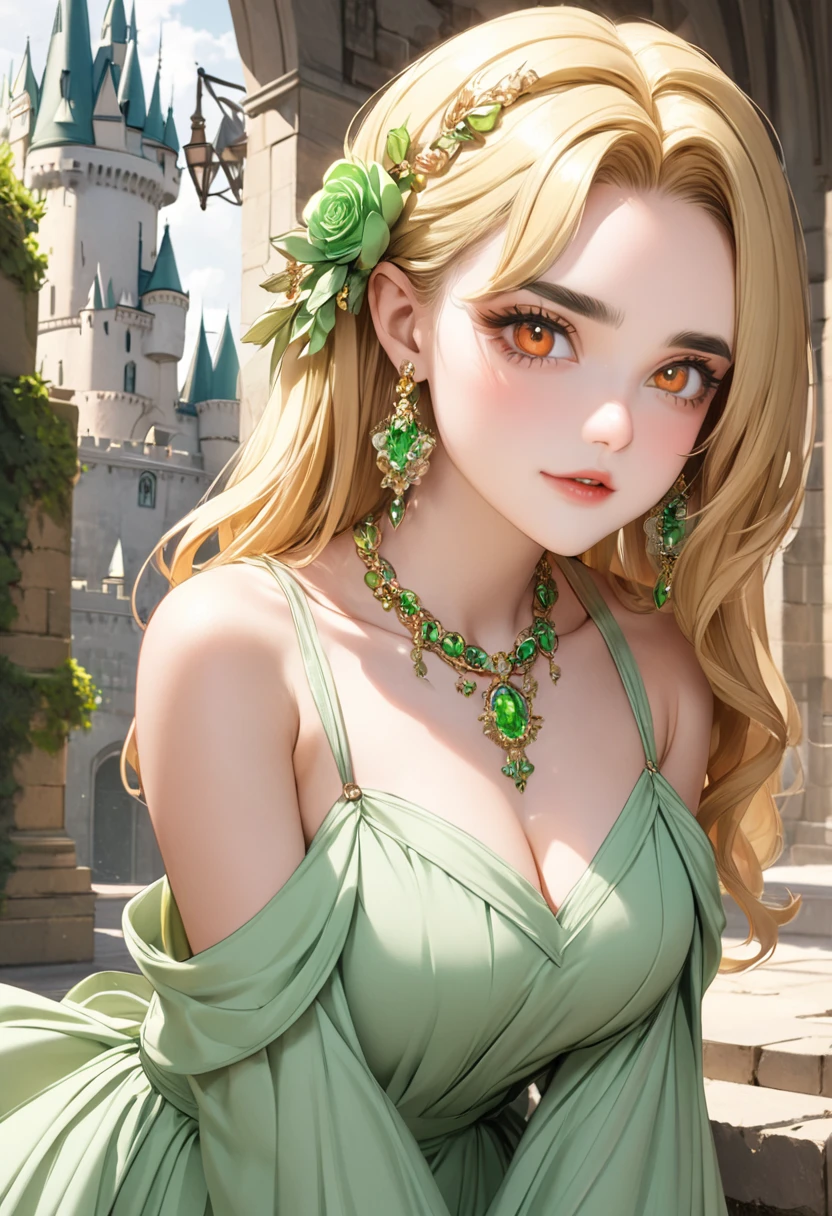 1 female　Blonde up to the shoulders　Thick eyebrows the same color as your hair　Orange eyes　Socialite debut　Light green long dress　Inside the castle 　hair ornaments　Earrings and matching necklace