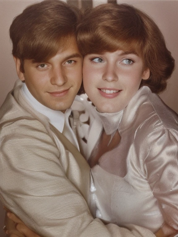 they are posing for a picture together in a photo studio, a colorized photo, colorized photo, colorized, colorized photograph, colorized background, white wedding couple dress, colourized, circa 1 9 7 9, 1979, 1 9 7 9, [ digital art, coloured photo, colored photo, fanart, restored photo, vintage color photo, publicity photo, lovely couple