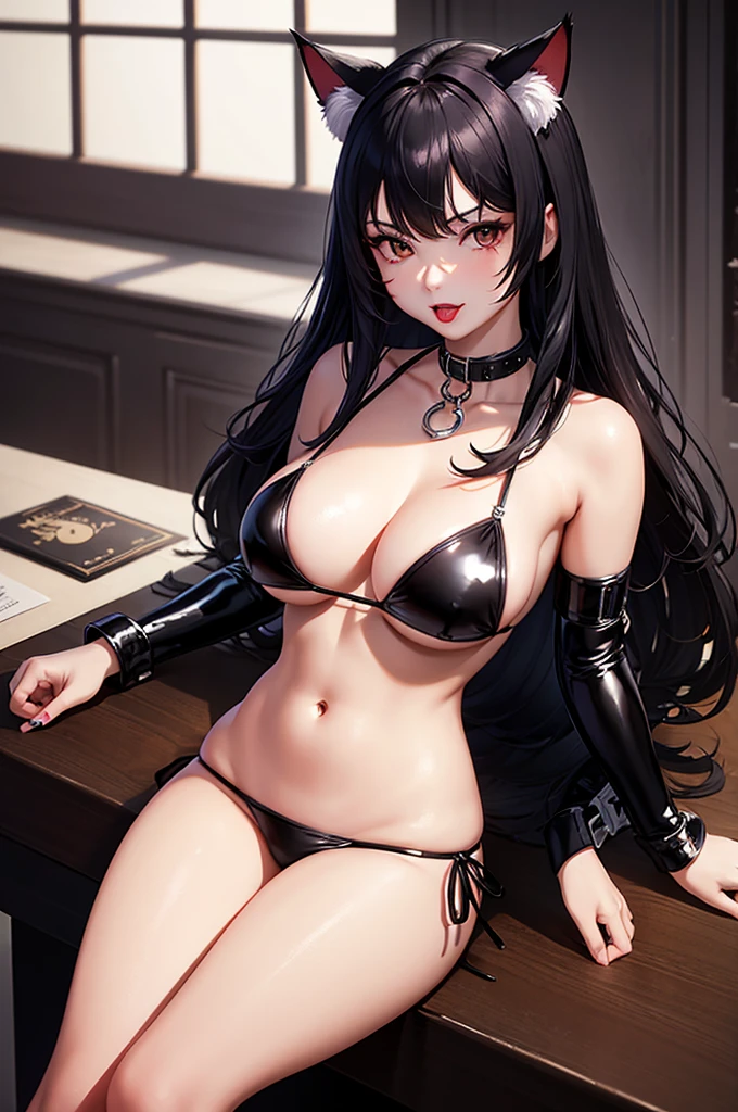 Detailed facial details，，1 girl，Red lips，Cat ear，Black long hair，Wearing a latex bikini，Large Breasts，belly-baring slim，Handcuffs，collar，Radiant Skin，Sitting at the table，Hotels