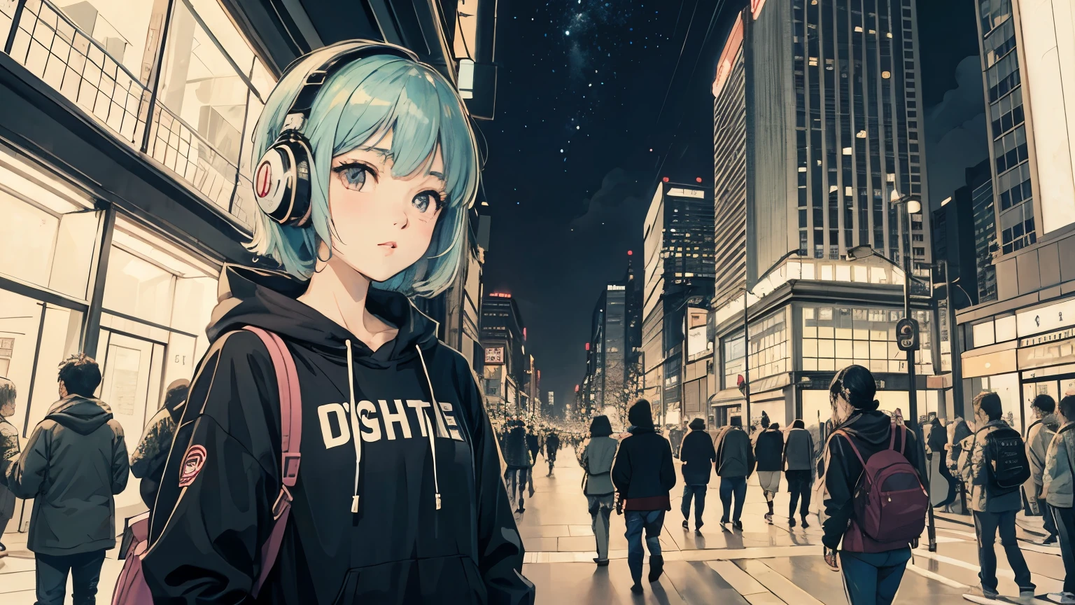 1 girl, 90s anime style, night, , Urban Crossroads、Girl wearing headphones, late night , Listening to music alone, City Pop, high quality,  綺麗なnight景、Lo-Fi, Chill, late night,Urban hustle and bustle、 crowd, ,nightの街中 futuristic night view outside the window, 
