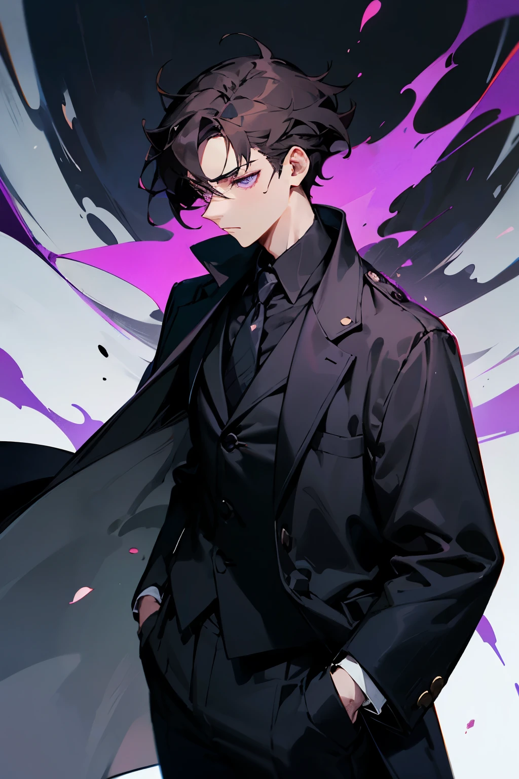 ((melhor qualidade)), ((obra de arte)), (detalhado), Singular Male, Male, wearing Black coat over shoulders, purple eyes, wearing Suit, short hair, dark hair, tired eyes, void Powers