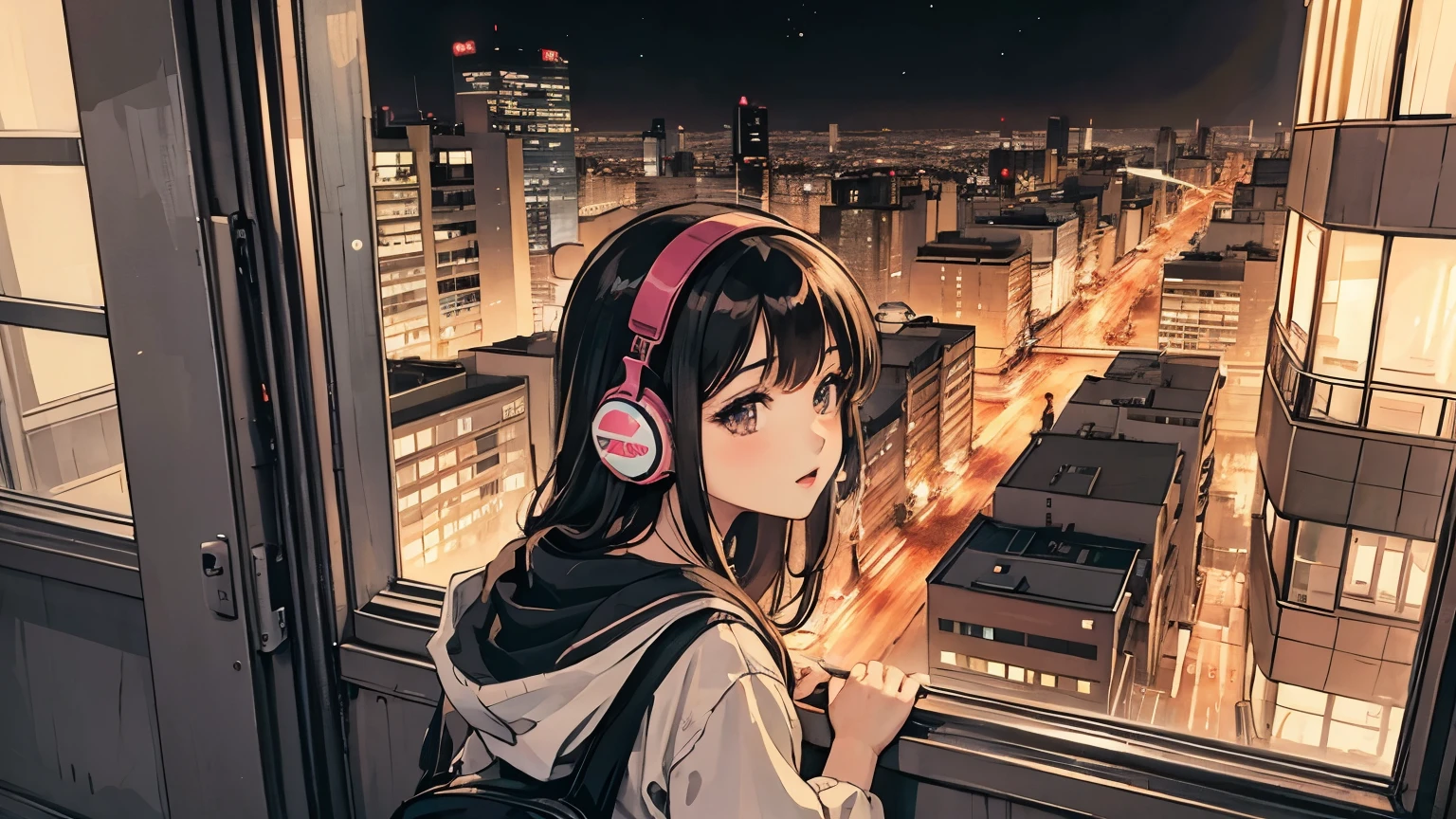 1 girl, 90s anime style, night, , Urban Crossroads、Girl wearing headphones, late night , Listening to music alone, City Pop, high quality,  綺麗なnight景、Lo-Fi, Chill, late night,Urban hustle and bustle、 crowd, ,nightの街中 futuristic night view outside the window, 