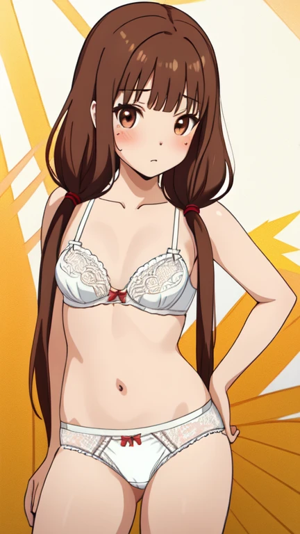 eft_liw_miko, brown hair, twintails, low twintails, bangs, long hair, brown eyes, ((masterpiece:1.2)), ((Best quality)), llustration,highres,absurdres,pov, blush, ((Highly detailed face)), Slender girl, ((whole body)), (((White))), Beautiful and clear eyes, (Elaborately designed underwear), ((Browsing Caution))(panties), (bra), (In underwear), ((Flashy underwear)), (lingerie),