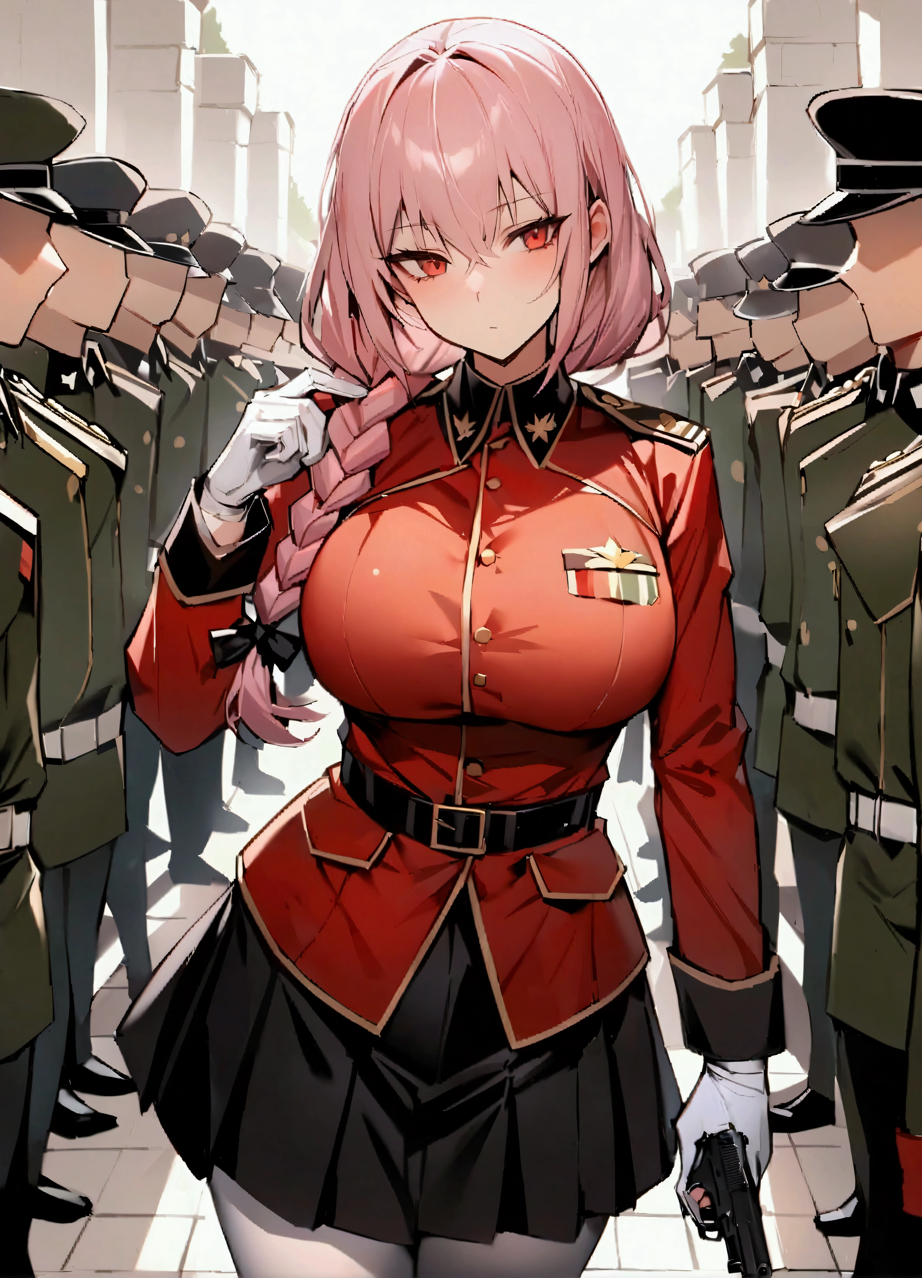 Highest quality, masterpiece, High resolution, 一人in, {Florence_Nightingale_fgo:1.15}, lupong_hair, pink_hair, red_eyes, chest, army, big_chest, 前hair, Braiding, bandage_that&#39;s all_upone_eye, One girl, belt, black_coin, black_skirt, coin, coin_upon_shoulder, gloves, Jacket, Looking_in_Audience, army_uniform, red_Jacket, skirt, uniform, white_gloves, gun, bandages, pantyhose, pleined_skirt, white_pantyhose, handgun, weapupon