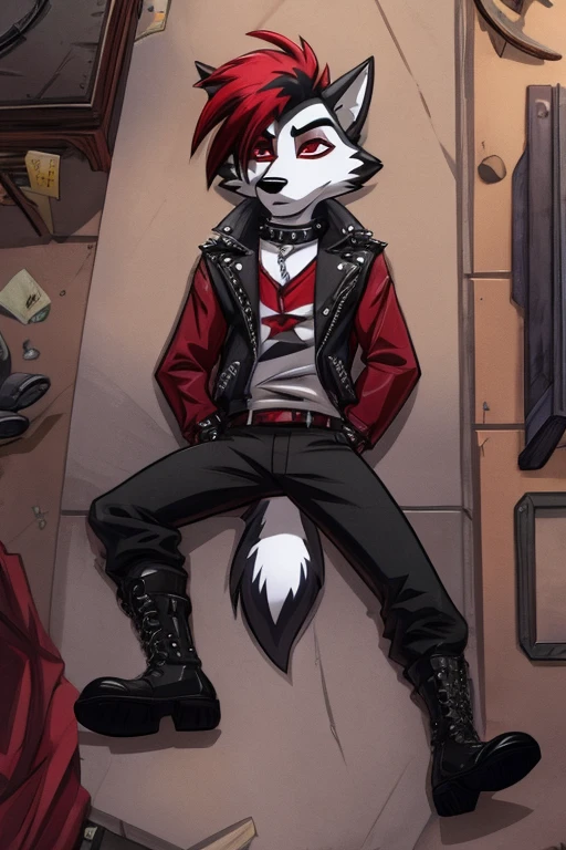 Art helluva boss,furry masculino,husky,black and white fur color,beauty,black and red hair color,Normal eye color,Dizzy,Unconscious face,Dog Collar,punk jacket,red shirt,black military pants,military boots, suburban cartoon scenery.