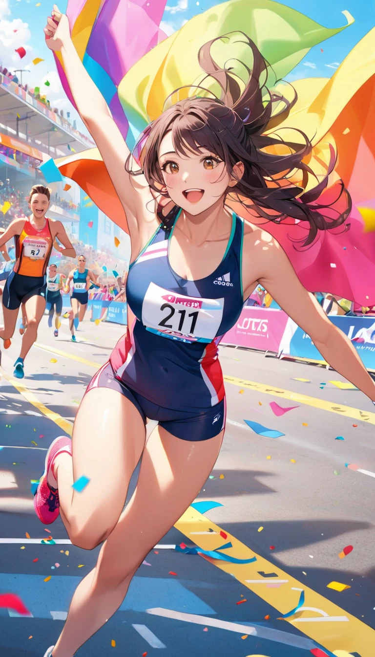Wonderful moments，beautiful girl，Sports suit，Marathon sprint，victory，First Place，Finishing tape，finish line，Colorful confetti in the air