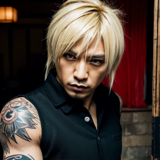 Japanese gothic rocker man, male, Asian eyes, muscular, broad shoulders, yakuza tattoos, hairstyle Visual Kei style, hair Visual Kei, black men's shirt and black pants, ultra detailed face, hyperrealistic, realistic representation,  30 years old, age 30 years,, blonde hair