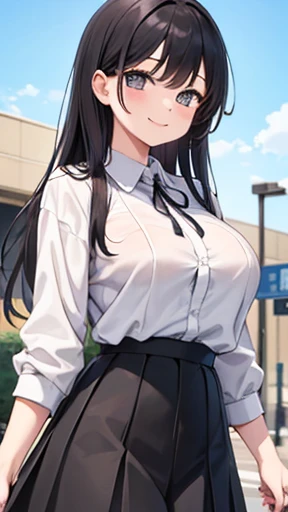 (-yeld gi, (blouse), (skirt),(Casual Fashion) (Park Background),  (smile) (Random Pause),Big Breasts、Long black hair