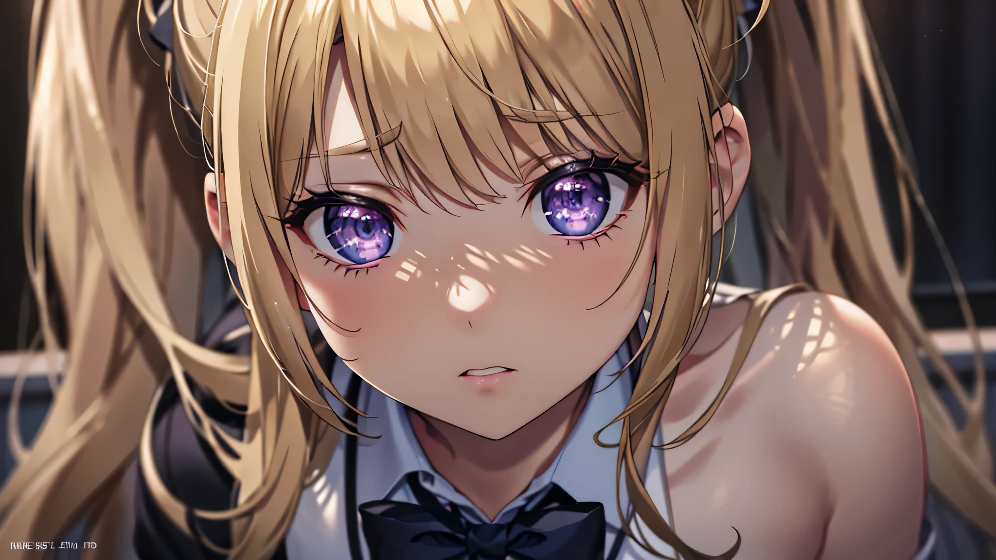 (masterpiece, best quality, absurdres), high quality, highres, ultra detailed, intricate, cinematic lighting, wallpaper, soft lighting, night, close-up, looking at viewer, beautiful woman, 1girl, parted lips, kei Karuizawa, small breasts, blonde hair, bangs, ponytail , detailed violet eyes, ((Super Realistic Detailed Eyes, glowing eyes)),  in classroom school, school outfits, sad expression, sad, 