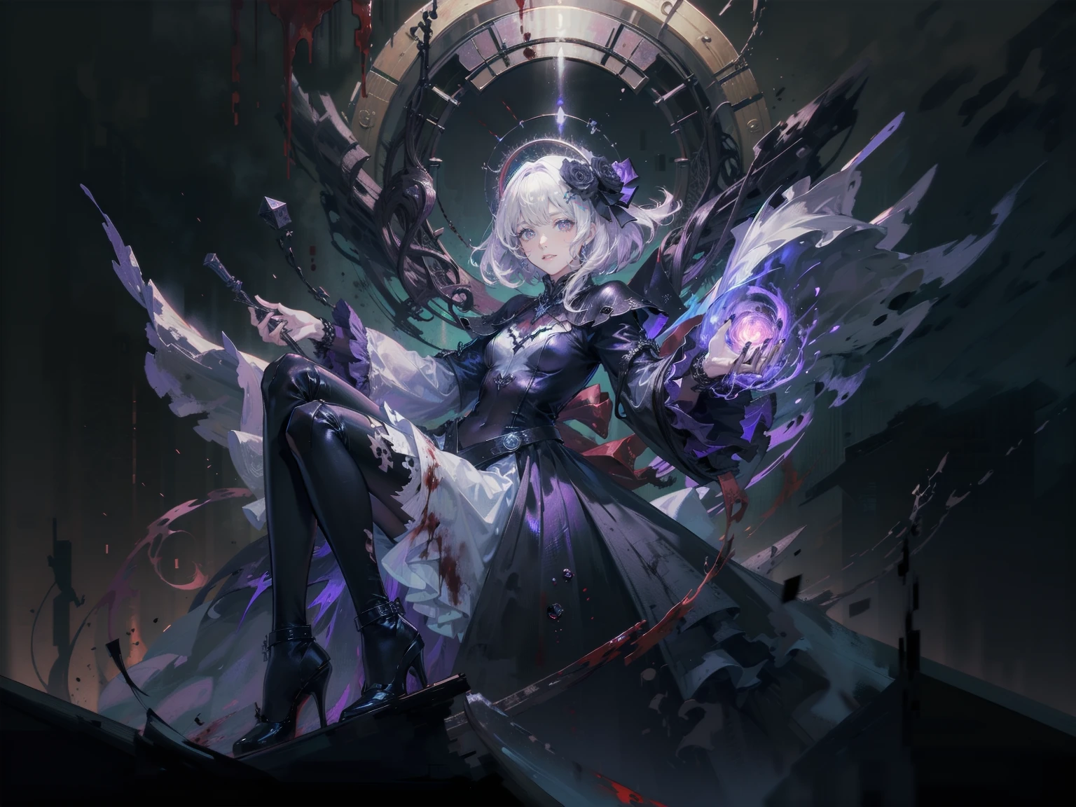(((Highest quality)))(((high resolution)))外見は黒いfog,Put on your armor,Modern Battle Suit(((detailed)))The shape is humanoid,Modern weapons(((detailed)))Eyes glow red,The shape is made of glowing purple hearts..(((detailed)))Bone格は人間のようだ、Muscle fibers are visible.,fogのようなもので獲物を探す(((detailed)))Barren Land,dead tree,fog,Chaotic world(((detailed)))Battle Scenes,overwhelmingly strong,Highest quality。(Highest quality,4K,High resolution,masterpiece:1.2),非常にdetailed,Realistic:1.37,masterpiece, Highest quality, Exquisitely crafted, woman, beautiful, elegant, smile, Blood, iridescent Long Hair, bangs, skirt, shirt, Long sleeve, Frills, shoes, (Red and Black:1.4), flower, spooky, Horror, 頭蓋Bones, Long Hair, Black Hair, Candles, Blood, hair flower, Dead, hair ornaments, Bone, doll, 頭蓋Bone, skeleton, Horror (theme),spooky altar background,Dark fantasy,Red color scheme,Ominous atmosphere,Eye-catching,Storytelling,anatomy,Anime Style,Concept Art,beautiful細部までこだわった顔と (((Red eyes ))),A terrifying ritual ,Satanic Ritual,Premature death,Misconduct,クレイジーなsmile,Scythe Face,Girl Monster, beautiful, Delicate facial features, Sharp Eye, Sharp Fangs, Pale skin, blonde,robot,Cursed Painting, Dark Background, Cinema Lighting, Dramatic Shadows, Gothic style, Gloomy atmosphere, Dark fantasy, One Girl, , Please open your mouth wide, Open your mouth and baring your teeth,Sharp teeth like a beast, Wide lips, very wide mouth, Vermilion cheeks, ,(Bloodしぶき:1.4),Scary smile, smile,Fallen angel design, ねじれたsmile、Bloodまみれの、頭からの出Blood,、Bloodしぶき、,(Bloodしぶき:1.4),Crossbones, 頭蓋Bone,Horrorスタイル, ((Fantasy Fallen Angel Costume)), ((流れるようなBlack Hair)), ,(Bloodしぶき:1.4),womanの曲線, Sexy flat stomach, Perfect hands, Perfect anime face, ((White ta Dress)), Are standing, ((邪悪なsmile)), ,(Bloodしぶき:1.4), Steam circulates, Moonlight Illumination, night lighting, disaster々new devil horns,,(Bloodしぶき:1.6),アニメFallen angel design, ねじれたsmile、Bloodまみれの、頭からの出Blood,、Bloodしぶき、,(Bloodしぶき:1.4),Crossbones, 頭蓋Bone,Gothic architecture、Western architecture、Fantasy World、,Victorian cities, 骸Boneのガス灯,