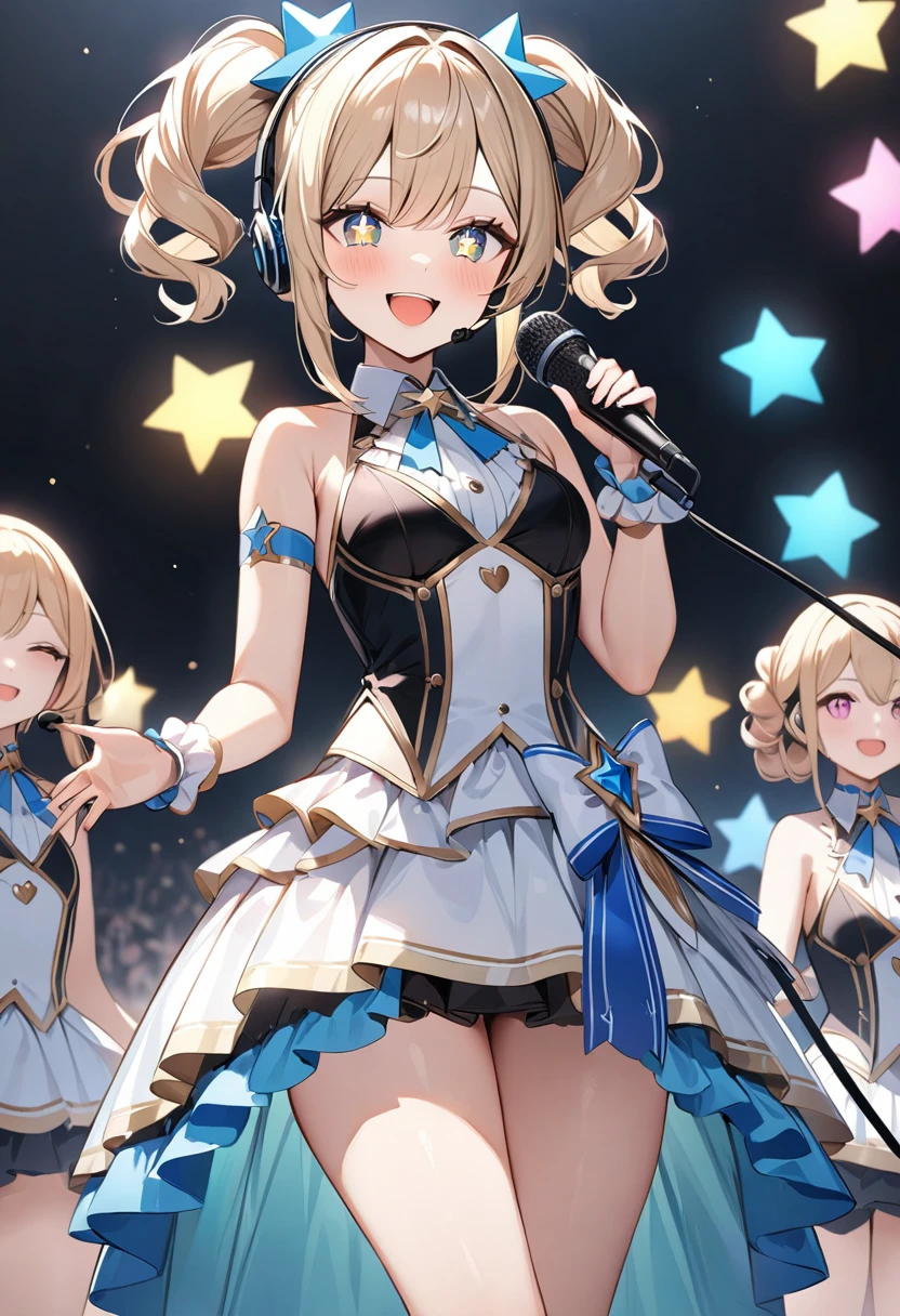 (masterpiece, top quality, very aesthetic, 4k、illustration), intricate detail, 1woman,contrapposto 、,(cowboy shot)、Headset Microphone,(star-shaped pupils),Cute 、Open mouth happy smile、Random Hairstyle、Random Hair Color、,middle hair,sidelock ,Random Color　eyes、idol clothes、small breasts、Slim 、