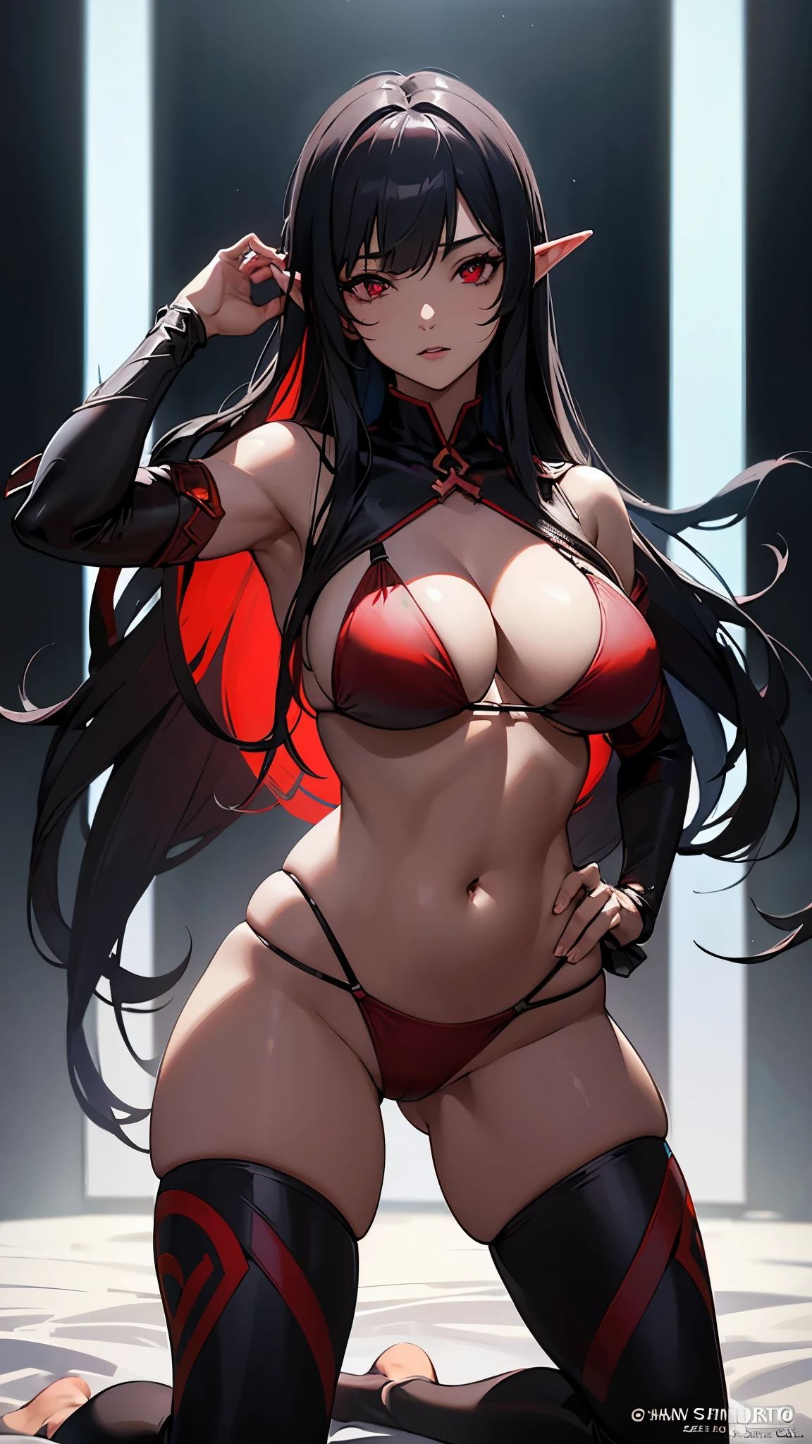 Dark Elf（Red Eyes、Odd Eye）、Brown skin(2:1)、bikini、Swimwear、A scene from a movie、masterpiece, Highest quality, Portrait of two girls、K-POP ,Girls group, Idol、8k, High resolution, ( Light_Styler:1.2)(Rainbow:1.2),(Excellent rendering, Stand out in the same class), (Amazing details, Excellent lighting, Wide-angle), Big Breasts(0.6), Detailed Background、Ultra-detailed details、Plump thighs、A pose showing your butt to the main character、Bold outfit、