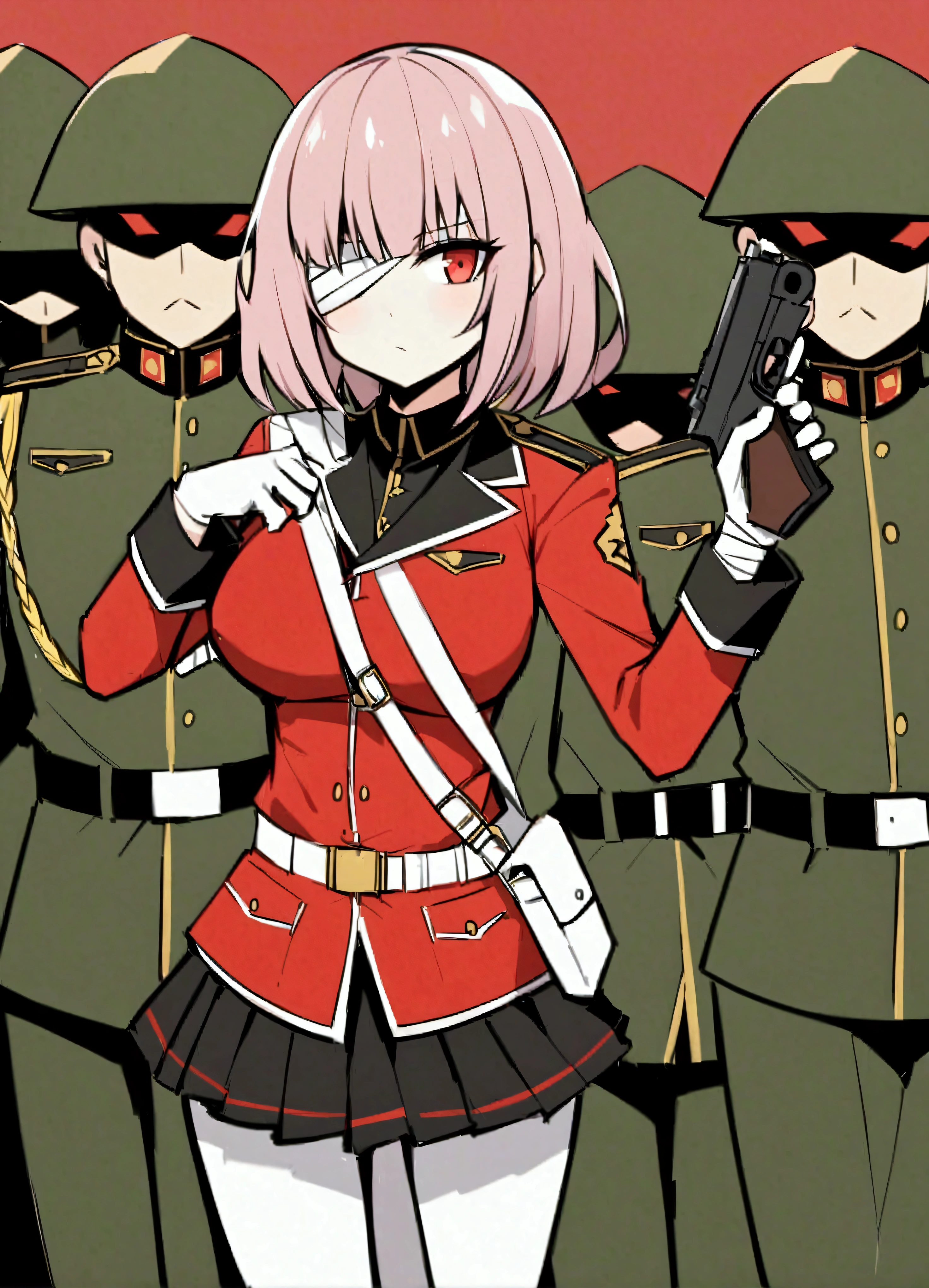 solo、一人in, {Florence_Nightingale_fgo:1.15}, lupong_hair, pink_hair, red_eyes, chest, army, big_chest, 前hair, Braiding, bandage_that's all_upone_eye, One girl, belt, black_coin, black_skirt, coin, coin_upon_shoulder, gloves, Jacket, Looking_in_Audience, army_uniform, red_Jacket, skirt, uniform, white_gloves, gun, bandages, pantyhose, pleined_skirt, white_pantyhose, handgun, weapupon