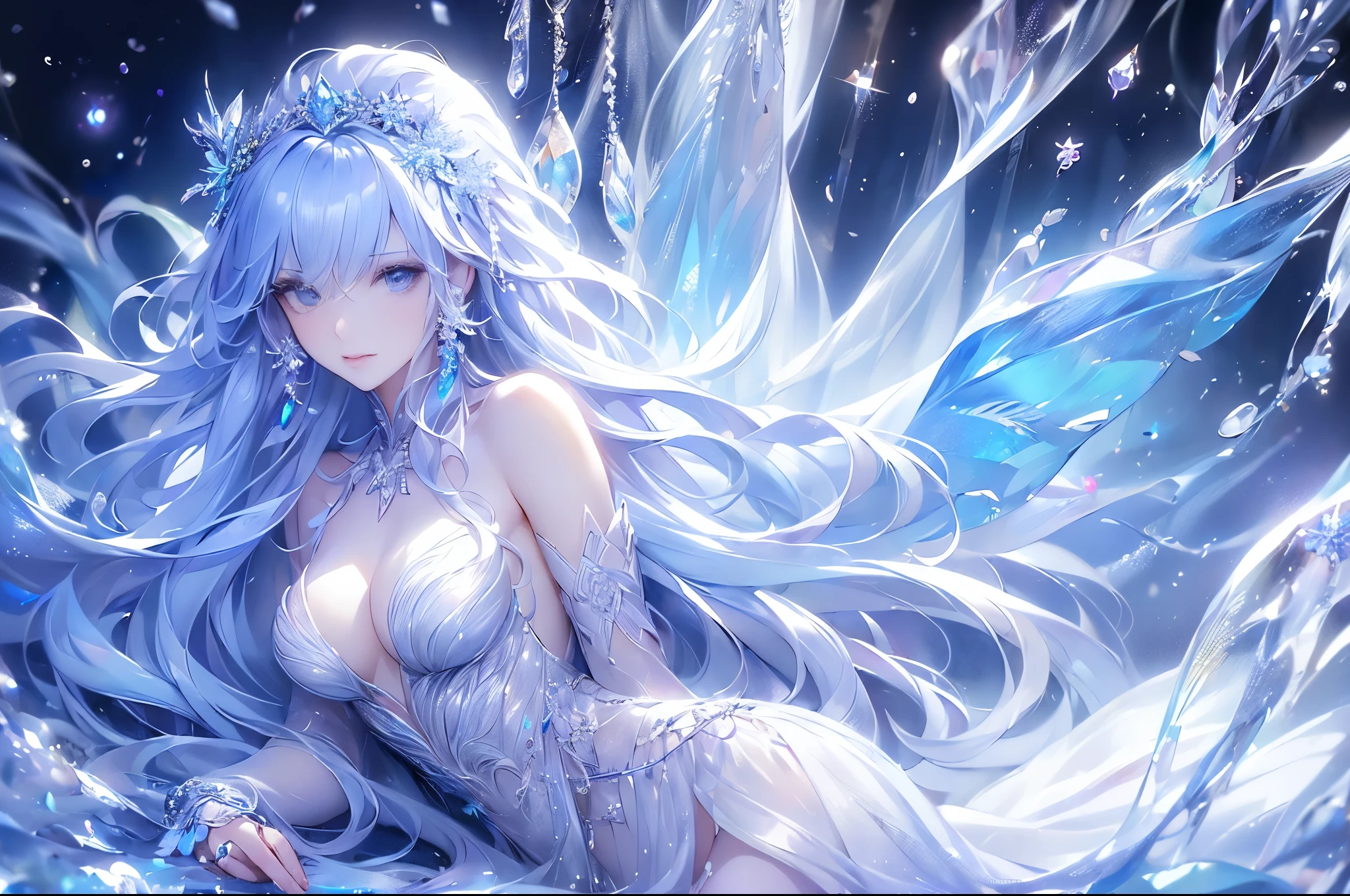 (long shot photo:1.5)wood, Exquisite mini ice spikes and crystals, Frozen waterfall in the background, Light reflected by ice crystals, Flowing snowflakes.1 girl, Beautiful woman、pretty girl,A realistic person,Beautiful cleavage,small breasts