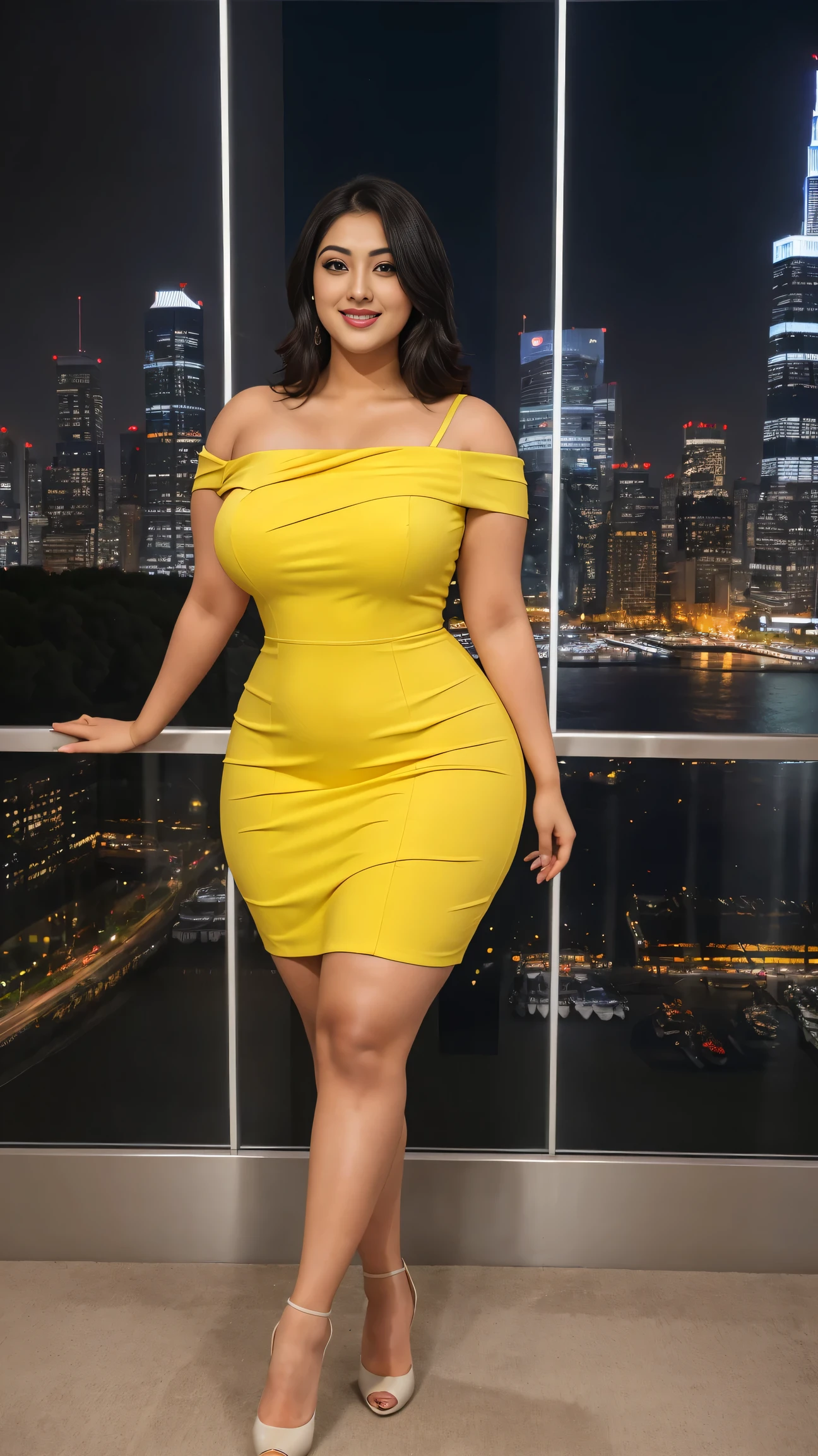 madhubala Indian beautiful actress curvy plus size hour glass bulky huge figure woman, closeup camera view, big huge m-cup breast, wearing SHEIN Young Girl Pleated Elegant  Princess Dress SKU: sk2305049341169119 (1000+ Reviews) GBP£6.99 GBP£9.99 -30% Including VAT Color:Yellow, elegant standing position, eye contact view, different style hairstyle, bright eyes, thin eyebrows, fair skin, blushing cheeks, prefect head to toe view, full body,Cosmopolitan Cityscape: A skyline view of a bustling city with skyscrapers, lights, and urban energy., head to toe view, full body shot, full body view, smile face, black hair, Indian face, perfect skin tone light, ultra realistic skin texture
