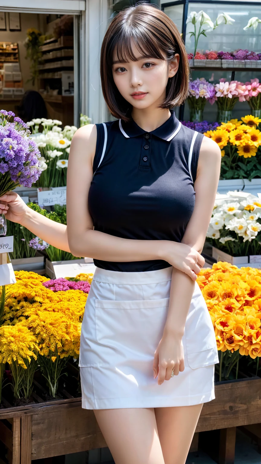 (masterpiece:1.3, top-quality, ultra high res, ultra detailed), (realistic, photorealistic:1.2), beautiful illustration, perfect lighting, natural lighting, colorful, depth of fields, ,
beautiful detailed hair, beautiful detailed face, beautiful detailed eyes, beautiful clavicle, beautiful body, beautiful chest, heavy chest, beautiful thigh, beautiful legs, beautiful fingers, shiny skin,
looking at viewer, 1 girl, japanese, 22 years old, (perfect anatomy, anatomically correct, super detailed skin), cute and symmetrical face, babyface, perfect face, perfect eyes, perfect fingers,
(short bob hair, straight hair, hair slicked back:1.6, blue hair), parted bangs, dark purple eyes, big eyes, drooping eyes, long eyelashes, faint lips, (Large swollen breasts, seductive thighs), outstanding style,
(detailed cloth texture, break, sleeveless collared polo shirt, tight skirt, black apron), break,
(beautiful scenery), ((behind flower shop:1.5)), standing, ((hold a big bouquet:1.2)), (parted lips),