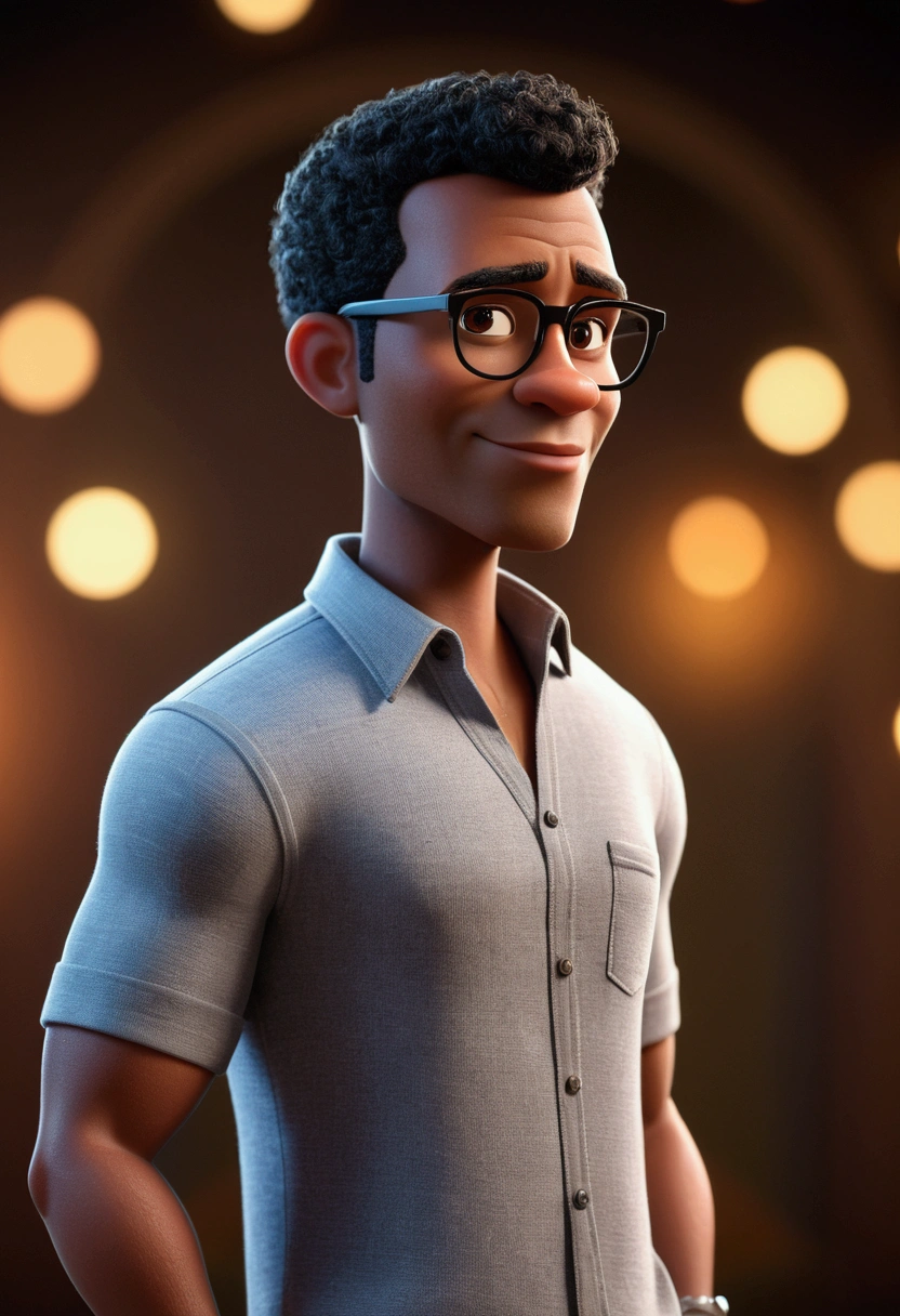 Cartoon character of a black man in black glasses and gray shirt, animation character, stylized character, animation style rendering, 3d stylized, Arnold Maya rendering, Stylized 3D rendering, toon render screenshot, 3d character, 3d character, Stylized 3D rendering, 3D character rendering, cartoon character, Personagem de close up, character posing,  (Pixar-style) (master part:1.2) (bokeh) (best qualityer) (skin detailed) (detailed texture) (8k) (Argilla) (cinematic lighting) (sharp focus