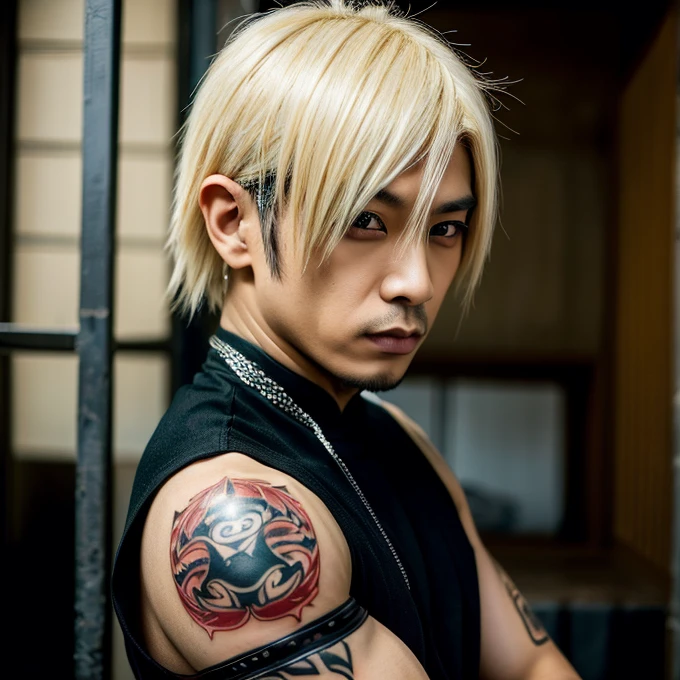Japanese gothic rocker man, male, Asian eyes, muscular, broad shoulders, yakuza tattoos, hairstyle Visual Kei style, hair Visual Kei, black men's shirt and black pants, ultra detailed face, hyperrealistic, realistic representation, 30 years old, age 30 years,, blonde hair