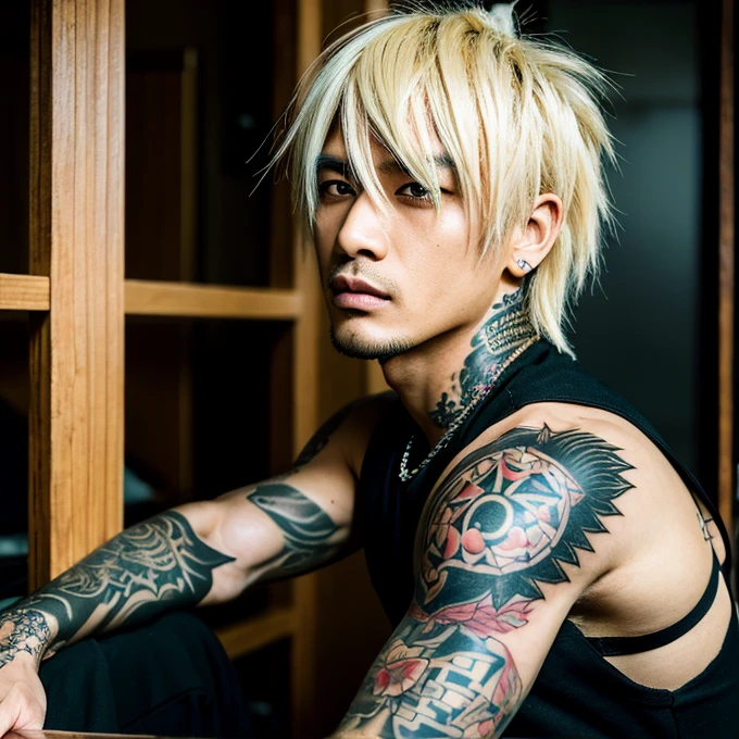 Japanese gothic rocker man, male, Asian eyes, muscular, broad shoulders, yakuza tattoos, hairstyle Visual Kei style, hair Visual Kei, black men's shirt and black pants, ultra detailed face, hyperrealistic, realistic representation,  30 years old, age 30 years,, blonde hair