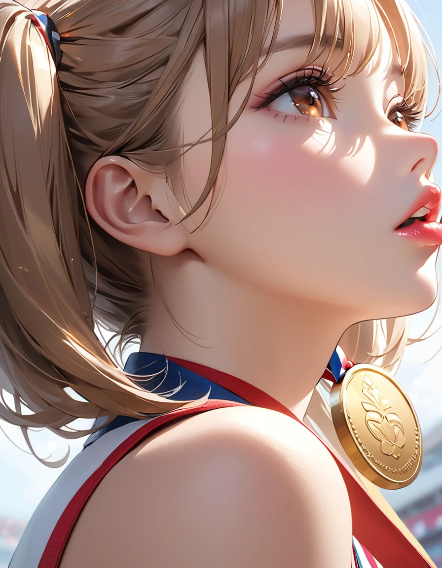 Highest quality, masterpiece, Ultra-high resolution, Realistic:1.2, RAW Photos, Intricate details, Portraiture, Big beautiful brown eyes:1.2, Perfect contours, Perfect proportions:1.2, One Girl, break ((Close-up of the mouth:1.2, from below:1.2, ((side shot:1.5)), (looking back:1.2), looking away:1.2)), ((petite, short, tiny girl:1.2)), Light Brown Hair、((twintails:1.2)), (makeup:1.2, full lips:1.3, pink lips:1.3, shiny lips:1.3), (Olympic Gold Medalist:1.2、Gold medal around his neck), ((Kissing the gold medal:1.5)), (holding a gold medal in front of one's mouth:1.2), (Sleeveless Sportswear:1.2, Metallic Blue:1.2), break (Happy expression:1.2)、((big smile:1.2))、 (Background is the award ceremony、Large crowd)