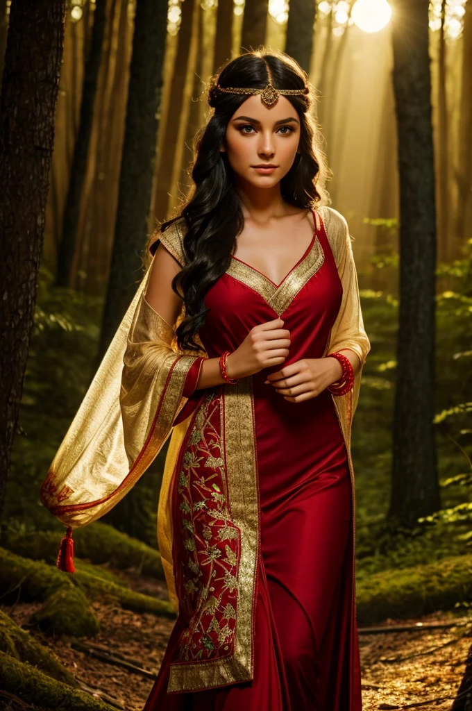 1female, long wavy black hair, emerald green eyes, golden horn headband, flowing red dress with flame embroidery, delicate silver bracelets, barefoot, moonlit forest background with glowing fireflies, detailed face, masterpiece, 8k